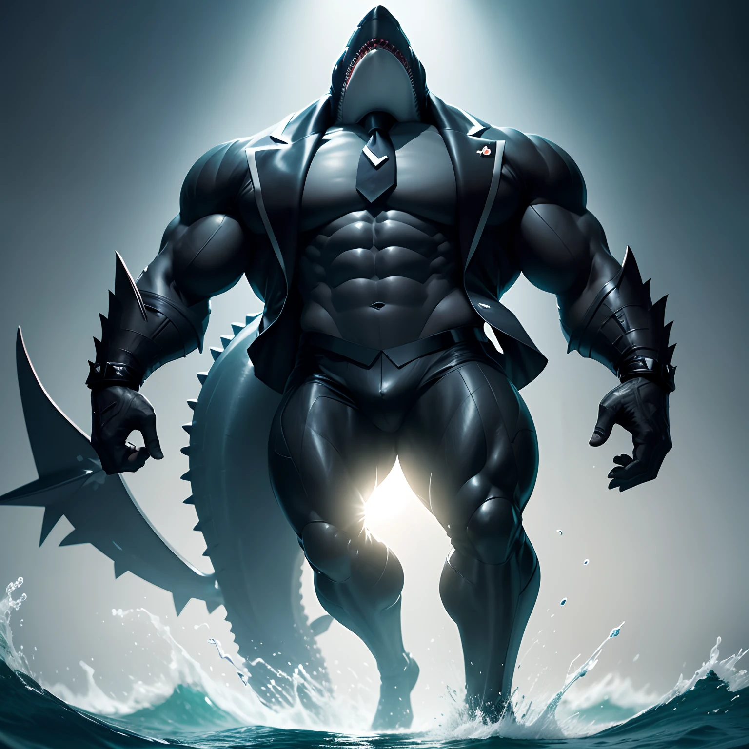 Humanoid shark muscled , with a shark's head black with a tail with 2 huge arms , in suit with a tie , full body