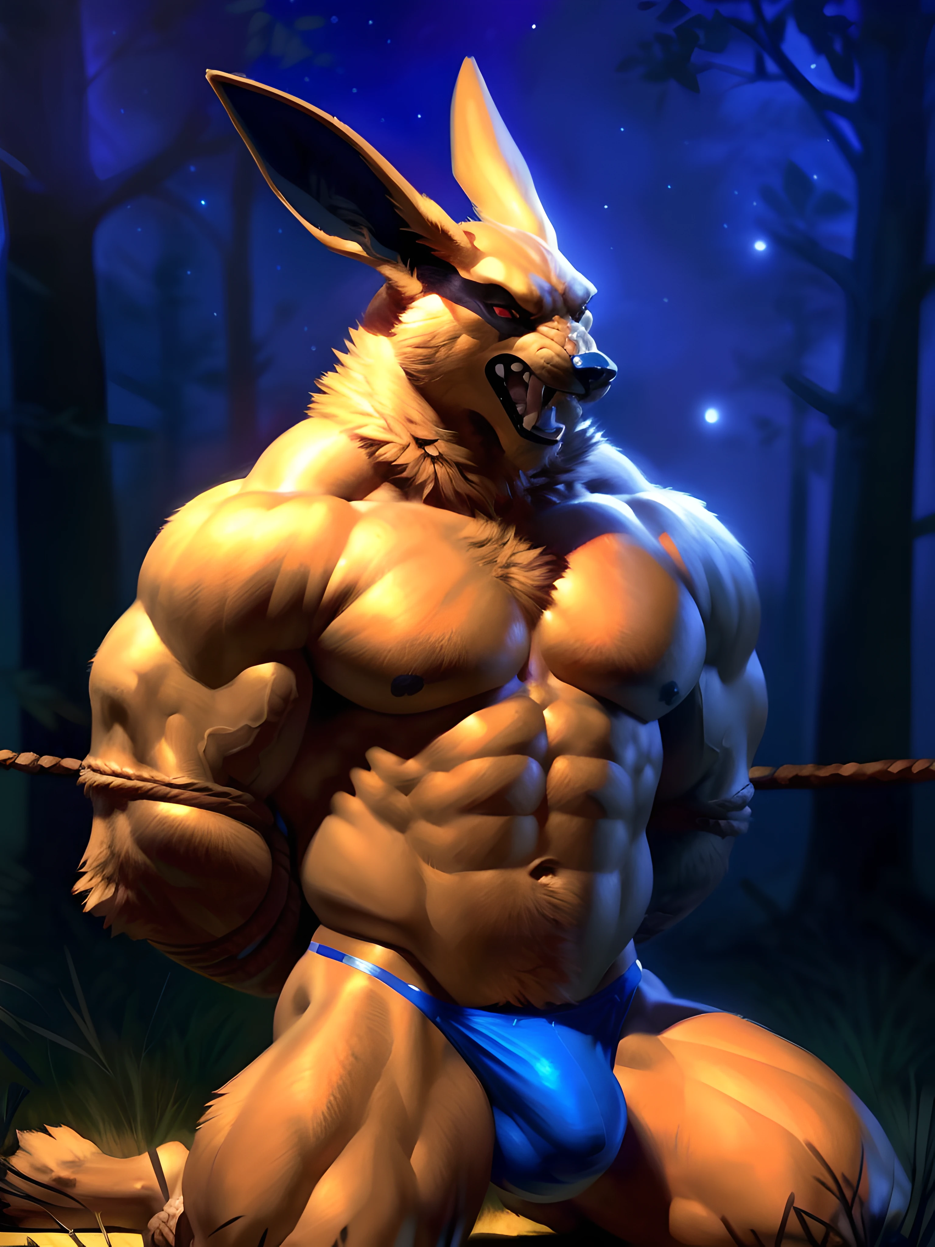 kurama, (kneeling:1.1), (bound with rope, rope, restricted with rope, collared with rope:1.3), 4k, high resolution, best quality, posted on e621, solo, anthro body, male, adult, very masculine, (very muscular, very defined muscles, strong pectorals, large pecs, muscular arms, muscular legs, muscular neck, lats, heavyweight:1.2), correct anatomy, (forest background:1.1), (night, stars:1.2), (by taran fiddler:1.0), (by wfa, by echin:0.5), (red speedos, bulge:1.2), (detailed eyes:1.2), (detailed shading, photorealistic shading, masterpiece:1.2), confident, angry face, angry eyes, (open mouth:1.1), one eye shut, (looking at camera:1.1), (full body:1.1), black