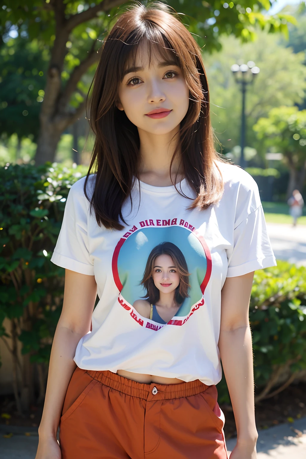maestra,La mejor calidad, Muy flaca india Allison Mack , brown hair , ,. labios rojos ,Cabello corto , , , profundidad de campo, no feliz, , smil ,,, camiseta roja , Pantalones Jens , mirando al espectador, en el parque