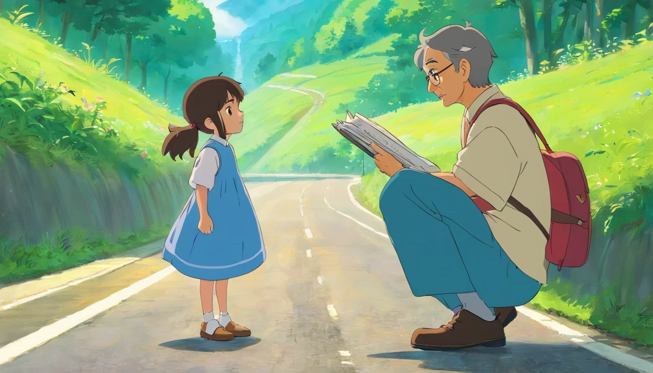 The uncle stood on the road and spoke to the girl reading on the side of the road,Close-up,A half body
