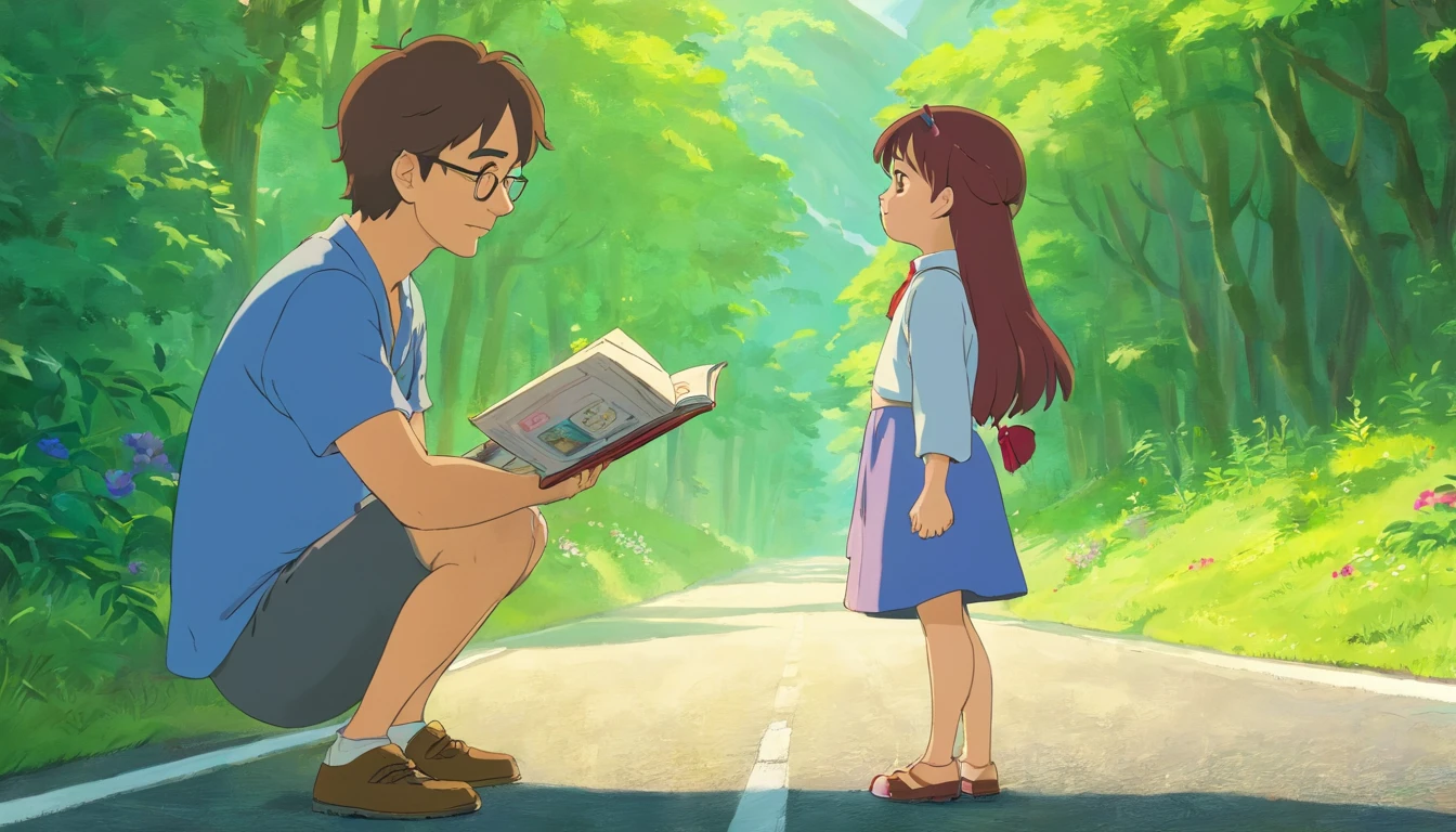 The uncle stood on the road and spoke to the little girl reading on the side of the road,Close-up,A half body