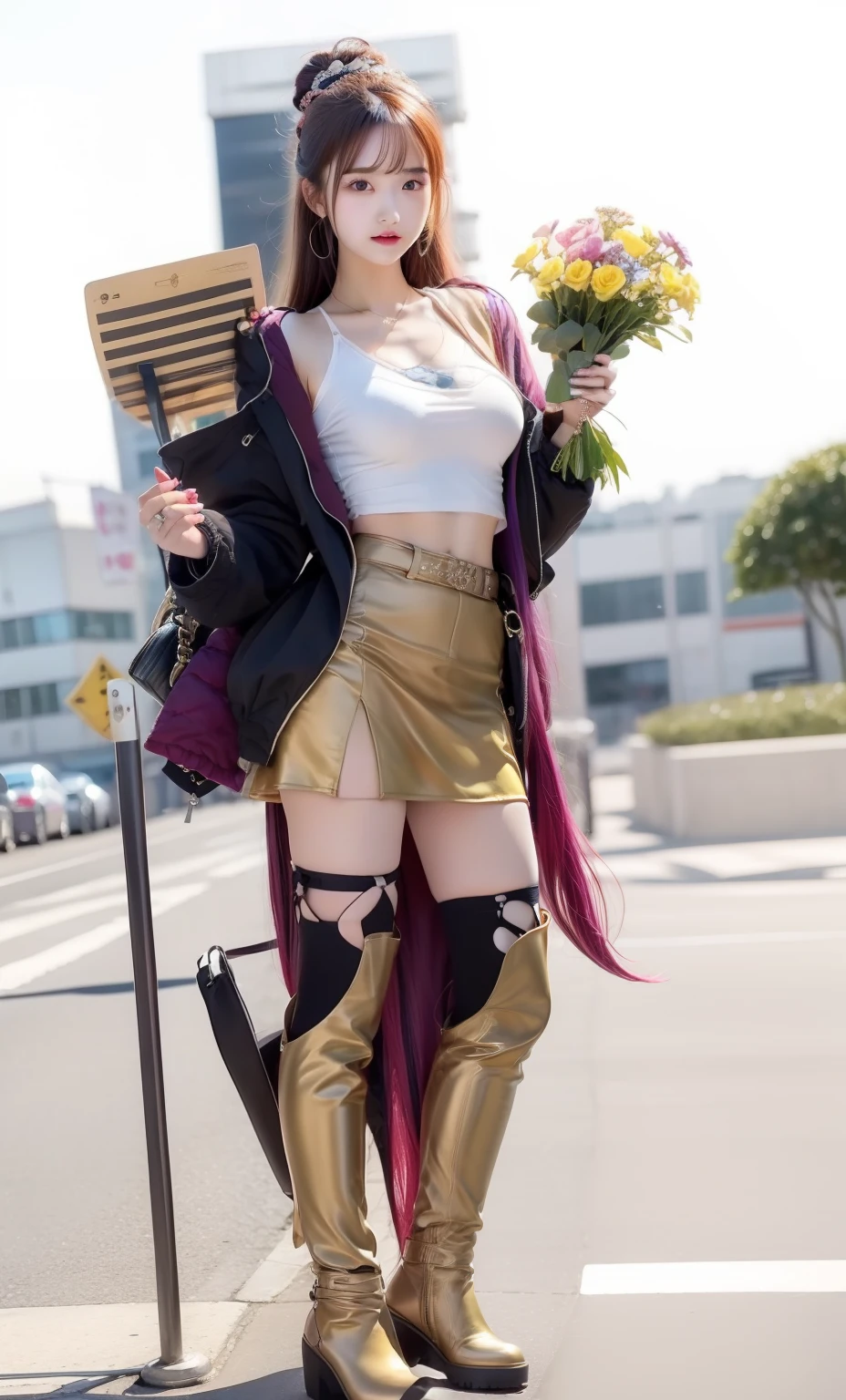 infp young woman、large full breasts、beautiful foot、Colorful hair、、Good Style、dull golden tops、a miniskirt、Long jacket