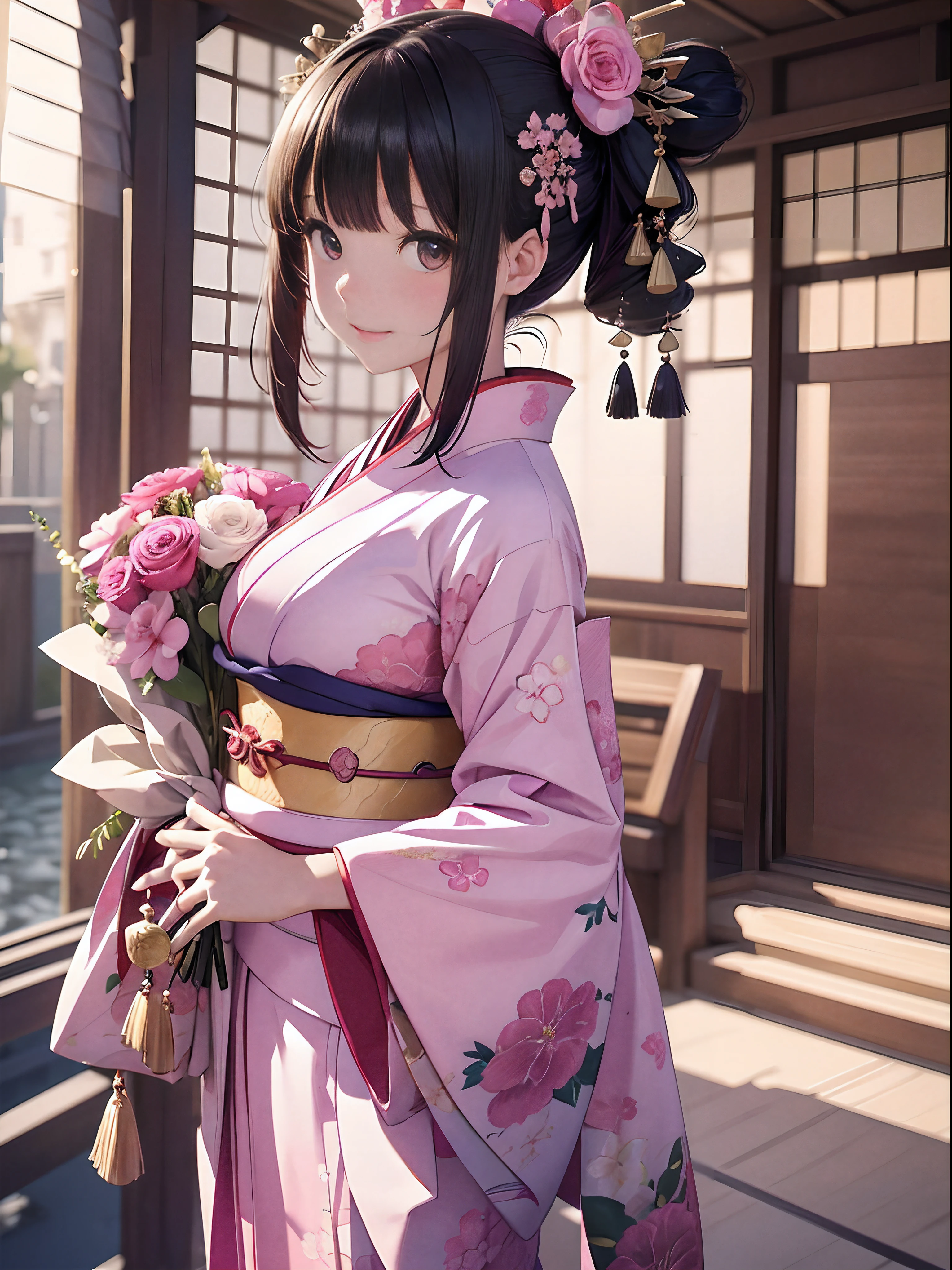 ((masterpiece1.5)),hyper quality, Hyper Detailed,Perfect drawing,1girl,((Bigger breasts)),kawaii ,With smiling eyes,(((Beautiful kimono))),(((Luxury kimono))). 3D,16K illustrations,((clearface)),Hi-Res,nice background、(((beatiful backgrounds)))、(((Detailed drawing)))、Perfect Beautiful Girl、(((Perfect Photo)))、kirakira、shiny、a gorgeous、high-class sense、A dark-haired、(((pink seduction background)))、(thin-waist)、top-quality、Red face、master piece,hyper quality, Hyper Detailed,Perfect drawing,3D,16K-Illustration、Hi-Res、1 persons、japanaese girl、A dark-haired、poneyTail、Red ribbons、Cute even though her eyes are tight、(((luxury 
Kimono)))、(((hold a wrapped bouquet)))、Back view、Detailed drawing、Best Quality, Capture super cute moments, depth of fields, ultra-detailliert,  High resolution, C4D, Octadale, 3D Modeling, Delicate and detailed depiction、Shooting from the back diagonally below、moonlights、superclear、Full of charm、​masterpiece、high detailing、beatiful backgrounds、Detailed drawing、Functional、emotional,、Vivid