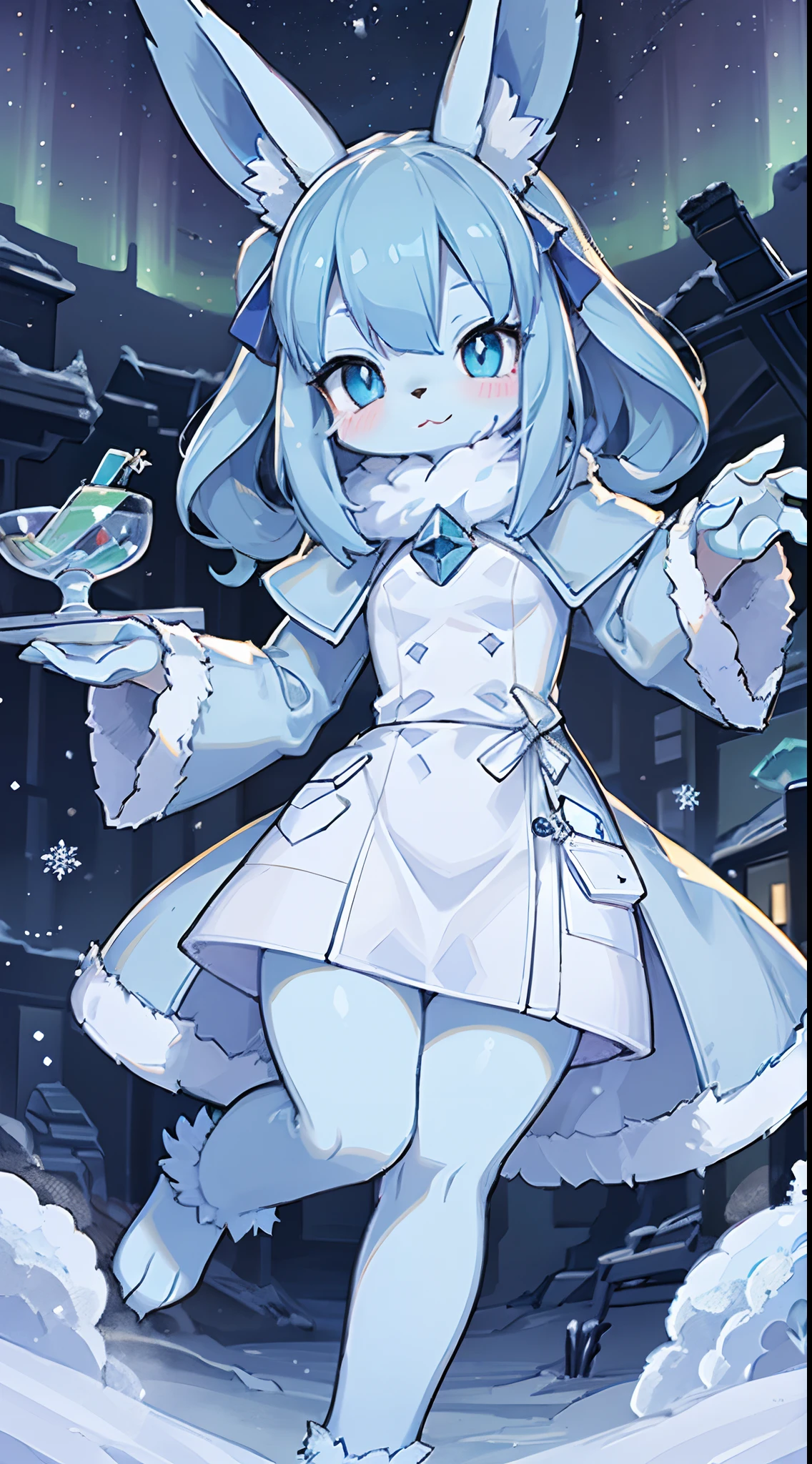 masterpiece, best quality, HD, ultra-detailed, vivid colors, Pokemon Glaceon, snow Evee, snow pokemon, icy pokemon, (furry:1.35), humanoid, humanization, anthropomorphic, on 2 legs, beautiful detailed eyes, frozen environment, icy blue color palette, ((crystal-like fur)), long fluffy tail and ears, detailed crystal green hair color, beautiful bangs of hair, curly strands of hair, ((ice cloth, cloth with mantle, fur coat:1.25)), snowflakes floating around, dramatic pose, aurora borealis in the sky