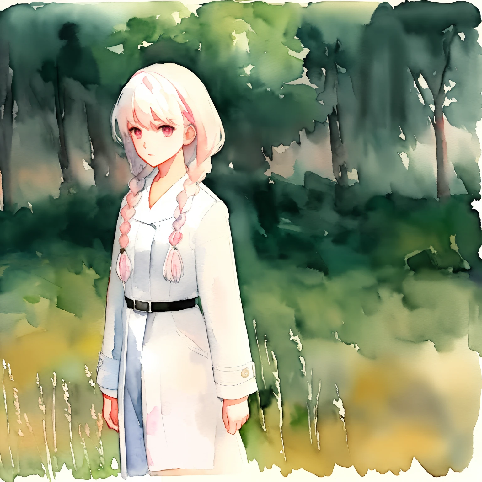 Female, petite, young adult, pink eyes, white hair, braid, white trenchcoat, black jumpsuit, communist, (watercolor painting), high resolution, best quality, shadows, soft lights, impasto impressionism, linear art, wheat field