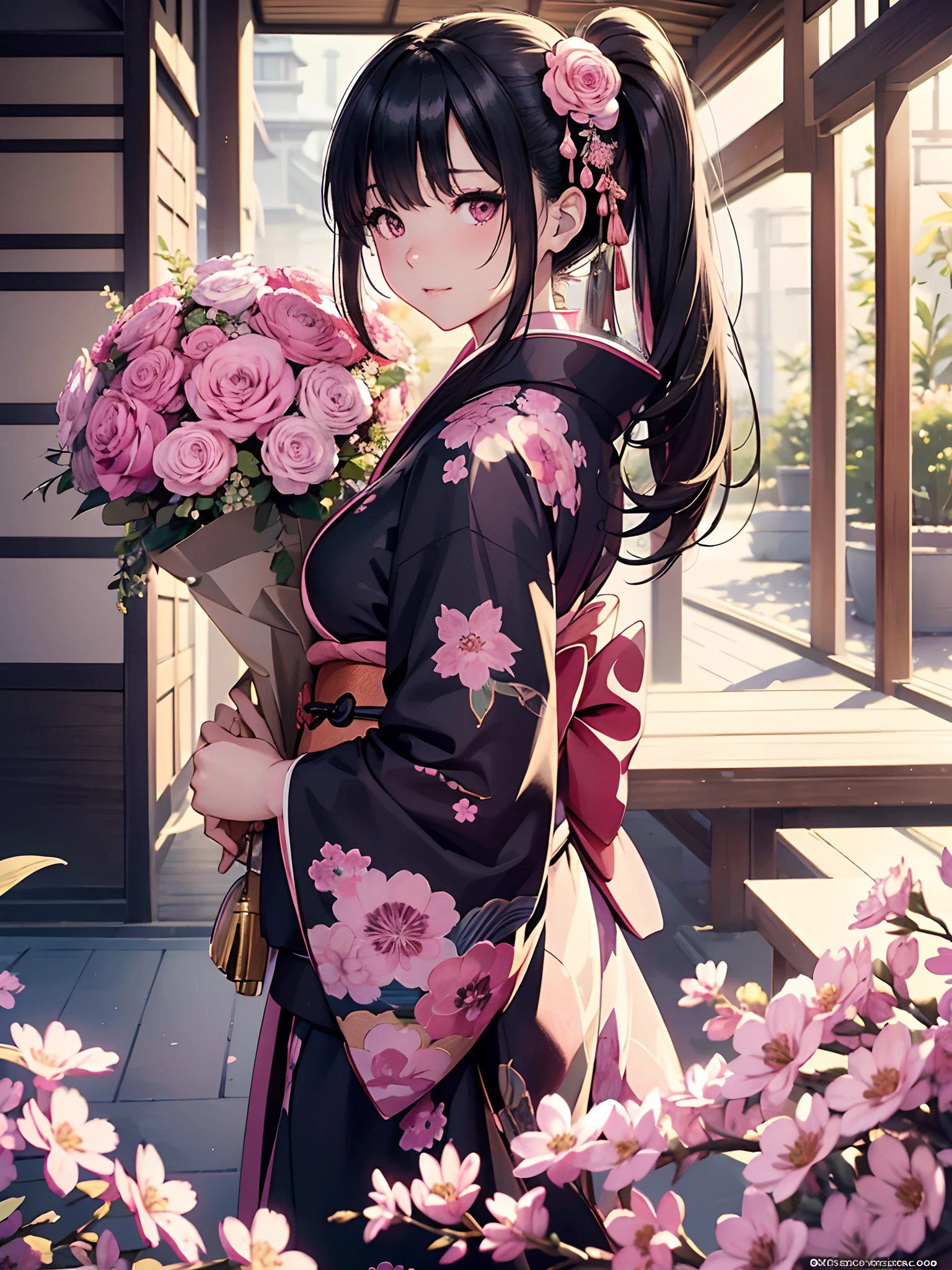 ((masterpiece1.5)),hyper quality, Hyper Detailed,Perfect drawing,1girl in,((Bigger breasts)),kawaii ,With smiling eyes,(((Beautiful kimono))),(((Luxury kimono))). 。.3D,16K illustrations,((clearface)),Hi-Res,nice background、(((beatiful backgrounds)))、(((Detailed drawing)))、Perfect Beautiful Girl、(((Perfect Photo)))、kirakira、shiny、a gorgeous、high-class sense、A dark-haired、(((pink seduction background)))、(thin-waist)、top-quality、Red face、master piece,hyper quality, Hyper Detailed,Perfect drawing,。.3D,16K illustrations、Hi-Res、1 persons、japanaese girl、A dark-haired、poneyTail、Red ribbons、Cute even though her eyes are tight、(((luxury
kimono)))、(((Holding a wrapped bouquet)))、Back view、Detailed drawing、Best Quality, Capture super cute moments, depth of fields, ultra-detailliert, High resolution, C4D, Octadale, 。.3D Modeling, Delicate and detailed depiction、Shooting from the back diagonally below、moonlights、superclear、Full of charm、masterpiece、high detailing、beatiful backgrounds、Detailed drawing、Functional、emotional,、Vivid