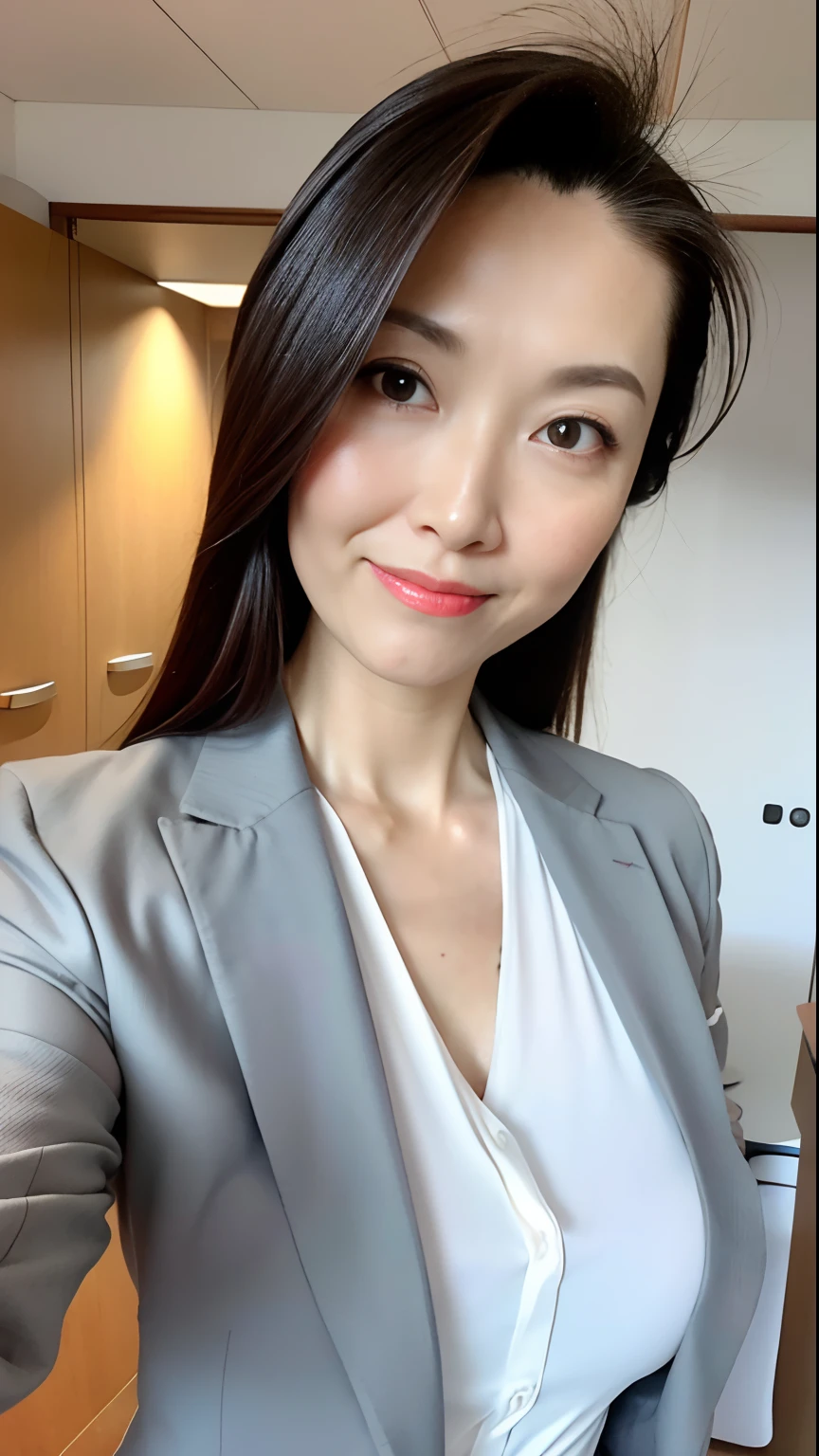(Best quality, 8k, 32k, Masterpiece, UHD:1.2), 1 girl, ((close up)), beautiy Japanese office lady, (smile:0.5), (looking at the viewer), bit chubby, grey suit, grey mini skirt, white shirt, office room, desk, (huge breasts, buttocks:1.2), detailed beautiful face, pony-tail hair, from below,