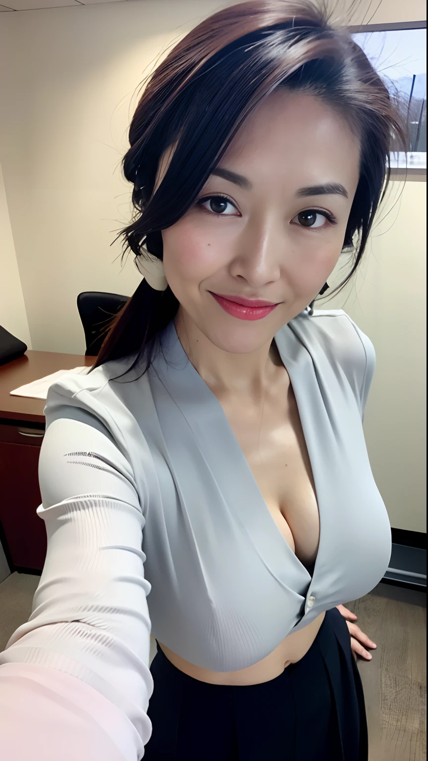 hong kong lady in office, stand upright, peeking from neck, black knit jacket, closeup selfie, black long hair, beautiful face, beautiful body, slim, soft lighting