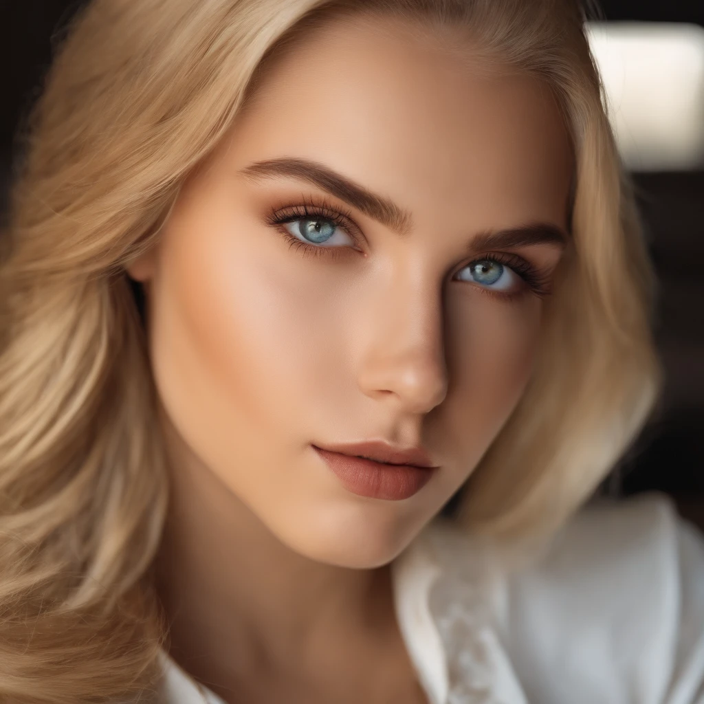 realistic 18 years old woman with blonde hairs and natural eyes