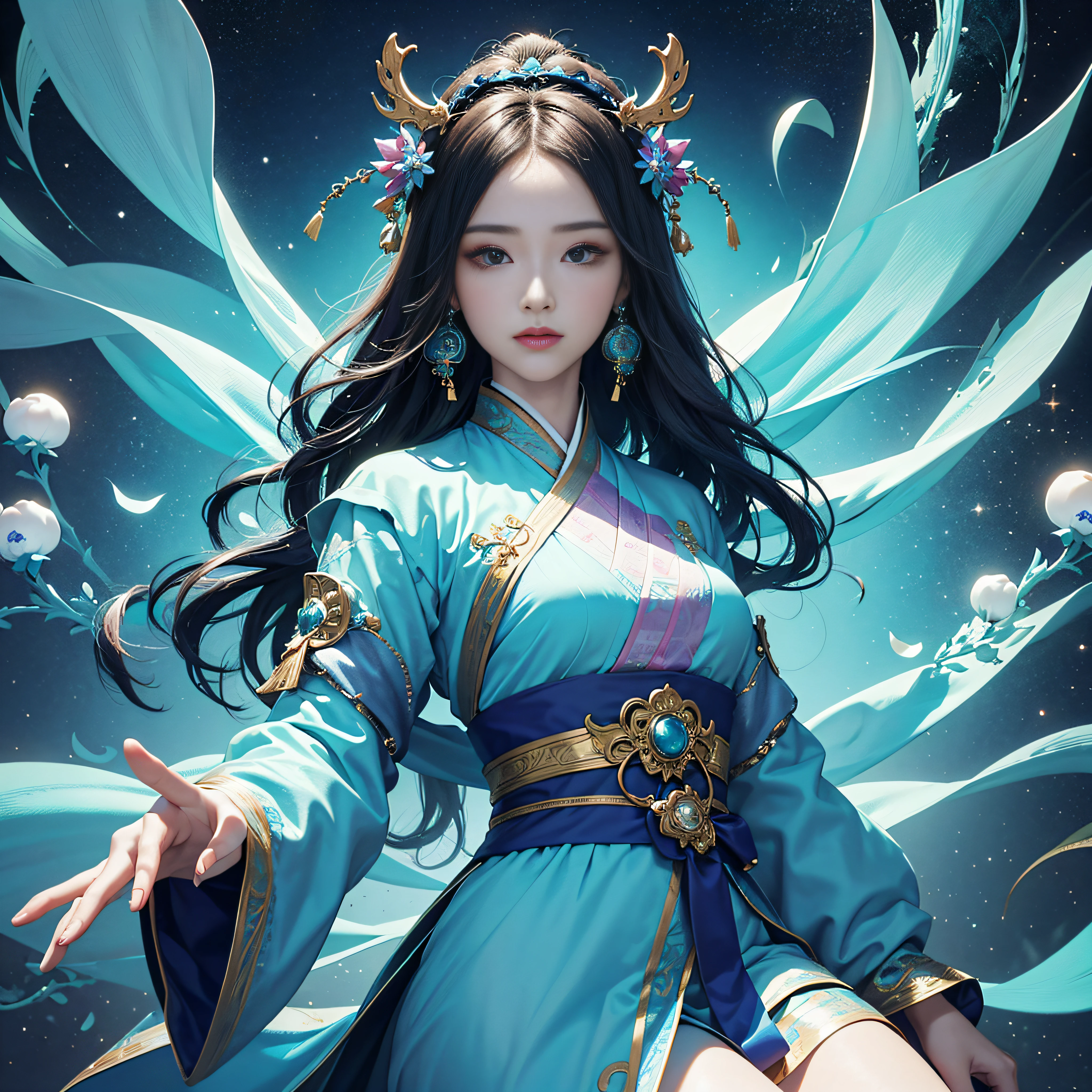 *8K Masterpiece, of the highest quality, Best Quality, Official art, (Beauty and aesthetics: 1.3), Extremely detailed, (Fractal Art: 1.3), Colorful, , Cyan and One Woman, Han Woman Media, Hanfu, cian --auto