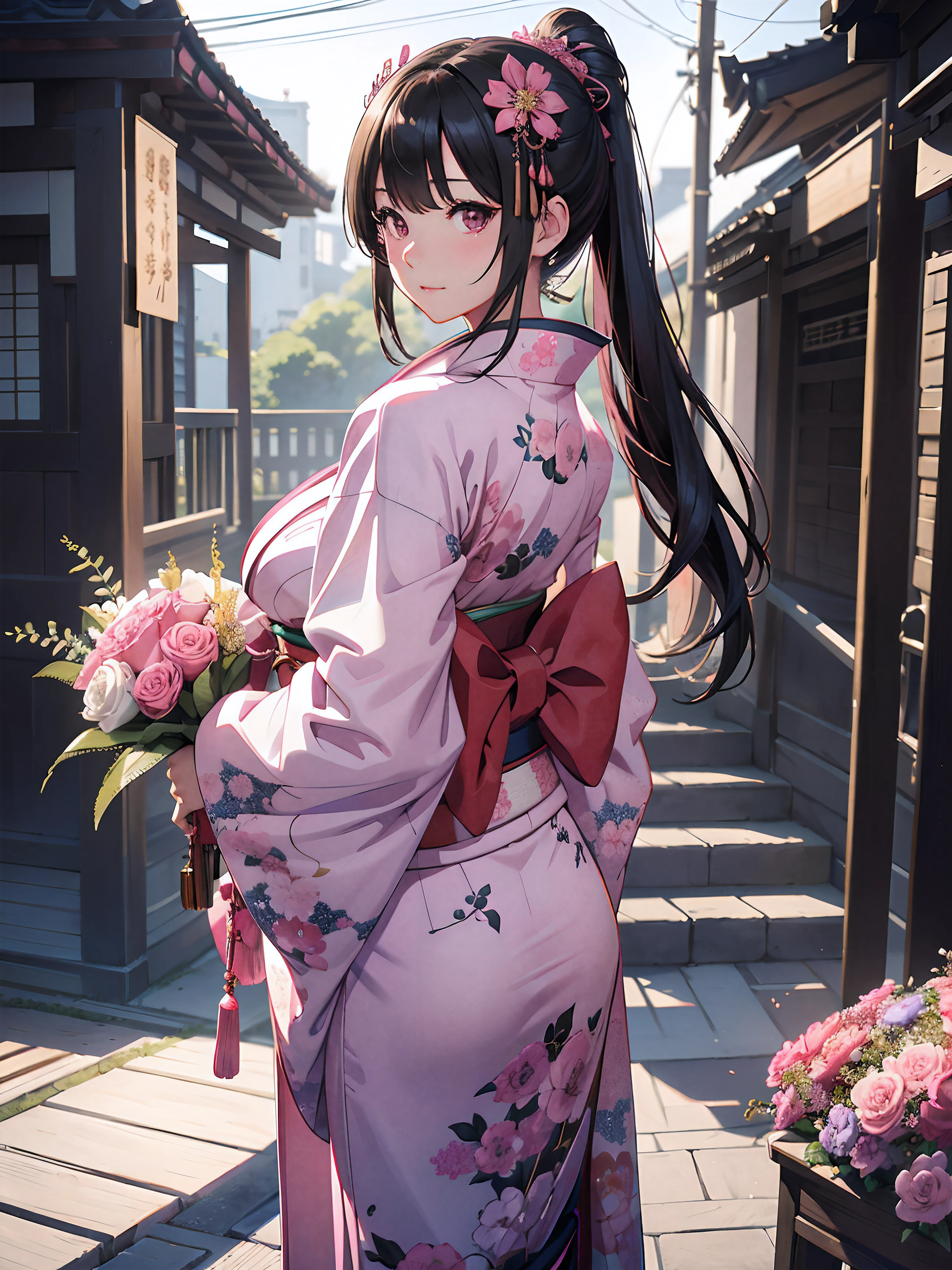 ((masterpiece1.5)),hyper quality, Hyper Detailed,Perfect drawing,1girl in,((Bigger breasts)),kawaii ,With smiling eyes,(((Beautiful kimono))),(((Luxury kimono))). 。.3D,16K illustrations,((clearface)),Hi-Res,nice background、(((beatiful backgrounds)))、(((Detailed drawing)))、Perfect Beautiful Girl、(((Perfect Photo)))、kirakira、shiny、a gorgeous、high-class sense、A dark-haired、(((pink seduction background)))、(thin-waist)、top-quality、Red face、​master piece,hyper quality, Hyper Detailed,Perfect drawing,。.3D,16K illustrations、Hi-Res、1 persons、japanaese girl、A dark-haired、poneyTail、Red ribbons、Cute even though her eyes are tight、(((luxury
kimono)))、(((Holding a wrapped bouquet)))、Back view、Detailed drawing、Best Quality, Capture super cute moments, depth of fields, ultra-detailliert,  High resolution, C4D, Octadale, 。.3D Modeling, Delicate and detailed depiction、Shooting from the back diagonally below、moonlights、superclear、Full of charm、​masterpiece、high detailing、beatiful backgrounds、Detailed drawing、Functional、emotional,、Vivid