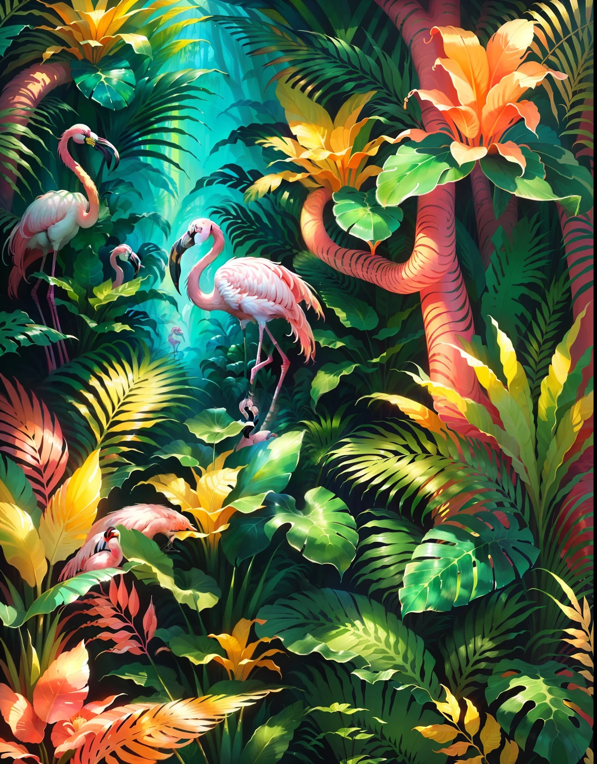 a painting of a group of flamingos in a tropical forest, colourful jungle, background artwork, fantasy jungle, tropical birds, mysterious jungle painting, art nouveau jungle environment, detailed painting 4 k, tropical jungle, 4 k highly detailed art, magical jungle, jungle nature, magical forest backround, psychedelic forest, tropical mood, 4 k hd illustrative wallpaper