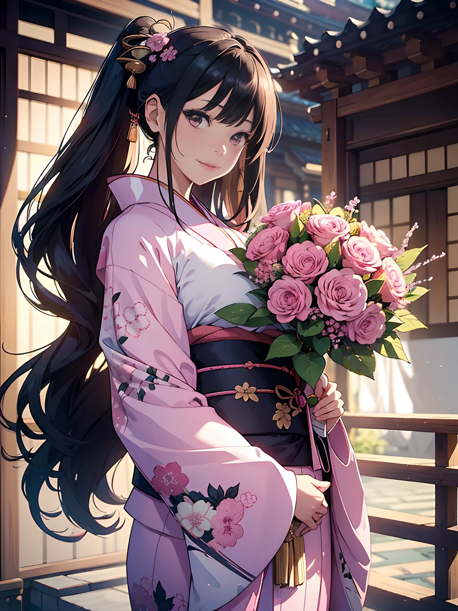 ((masterpiece1.5)),hyper quality, Hyper Detailed,Perfect drawing,1girl in,((Bigger breasts)),kawaii ,With smiling eyes,(((Beautiful kimono))),(((Luxury kimono))). 。.3D,16K illustrations,((clearface)),Hi-Res,nice background、(((beatiful backgrounds)))、(((Detailed drawing)))、Perfect Beautiful Girl、(((Perfect Photo)))、kirakira、shiny、a gorgeous、high-class sense、A dark-haired、(((pink seduction background)))、(thin-waist)、top-quality、Red face、master piece,hyper quality, Hyper Detailed,Perfect drawing,。.3D,16K illustrations、Hi-Res、1 persons、japanaese girl、A dark-haired、poneyTail、Red ribbons、Cute even though her eyes are tight、(((luxury
kimono)))、(((Holding a wrapped bouquet)))、Back view、Detailed drawing、Best Quality, Capture super cute moments, depth of fields, ultra-detailliert, High resolution, C4D, Octadale, 。.3D Modeling, Delicate and detailed depiction、Shooting from the back diagonally below、moonlights、superclear、Full of charm、masterpiece、high detailing、beatiful backgrounds、Detailed drawing、Functional、emotional,、Vivid
