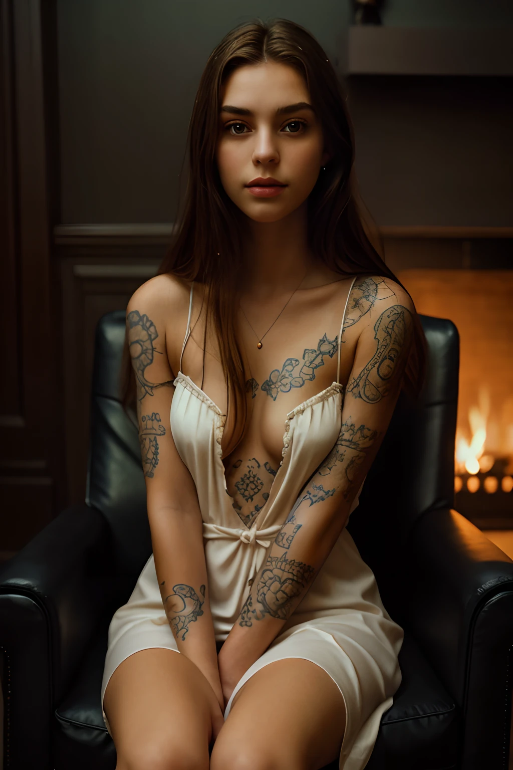 (masterpiece, aesthetics) girl, 18 years old, brunette, straight shoulder-length hair, film grain, vintage tone, high contrast, in a nightgown, dark blue theme, sitting in a leather big chair, (sad:1.2), elegant, gloomy, sad, dynamic perspective,(night:1.1), dim medium, depth of field, (see-through:1.2), (torn clothes:1.2), small breasts, lazy, (in the dark, deep shadows, restrained tone:1.2), professional photos, classroom, (tattoo on the chest:1.2), a burning fireplace in the background