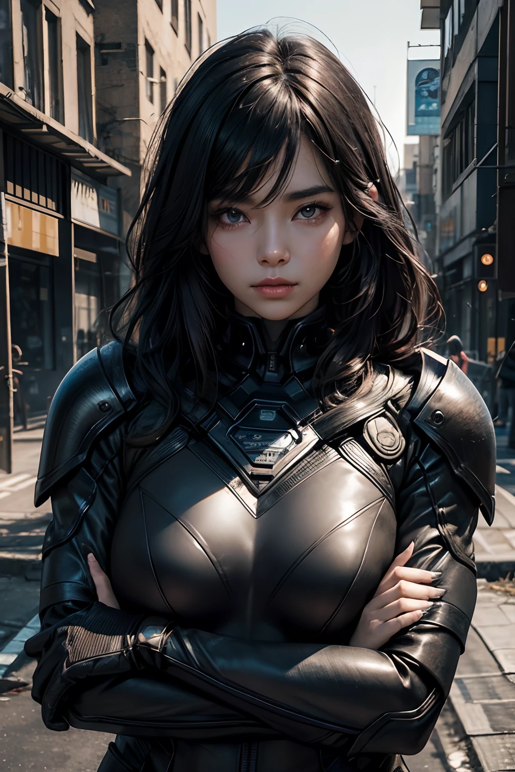 One Beautiful Woman。Detailed depiction of the face。Beautiful double。Passed nasal muscle。thick, well-shaped lips。With dark hair、She crosses her arms and has a challenging expression on her face。She is black、Dressed in a metallic combat suit。She stands in the middle of an abandoned urban city。８K image quality。Masterpiece。