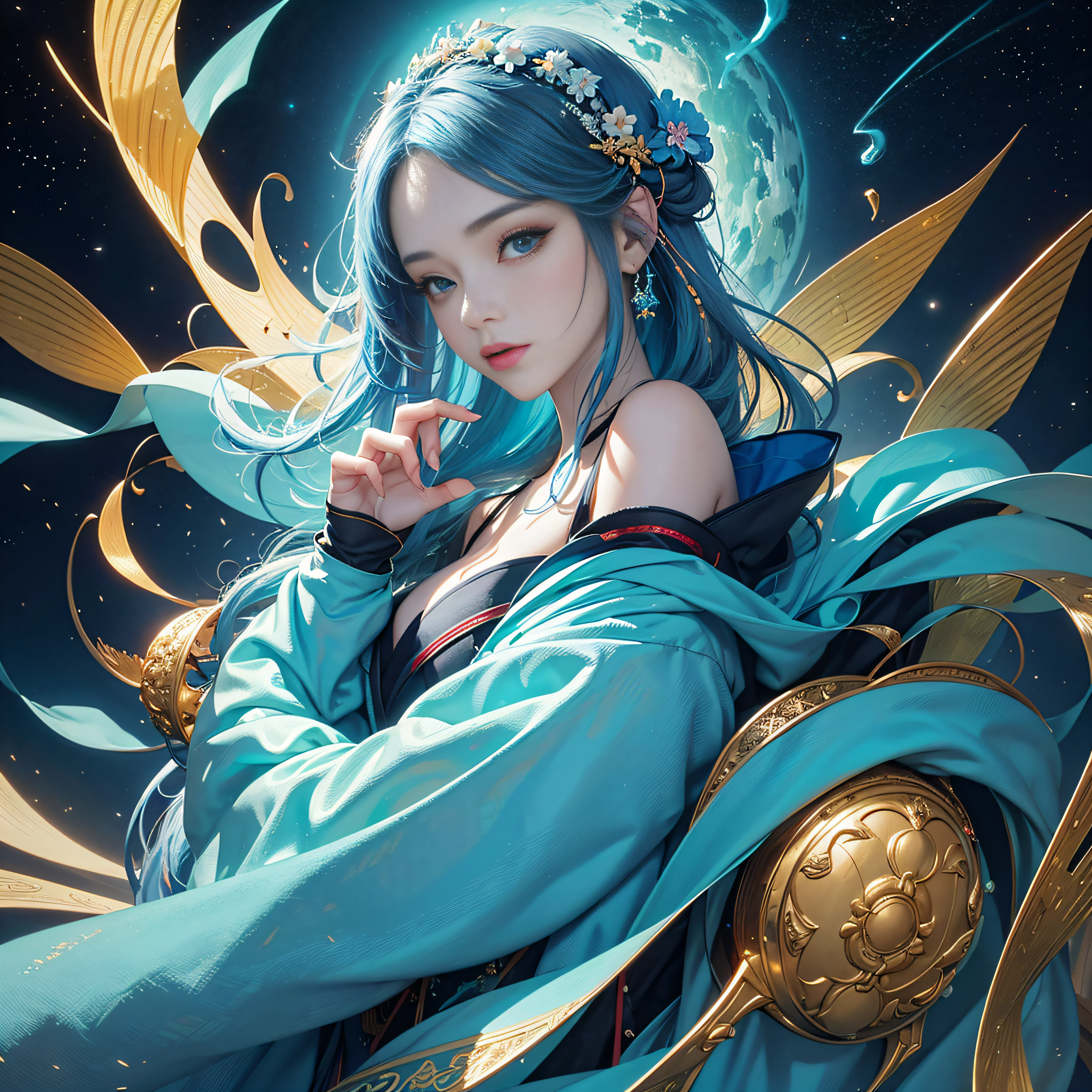 *8K Masterpiece, of the highest quality, Best Quality, Official art, (Beauty and aesthetics: 1.3), Extremely detailed, (Fractal Art: 1.3), Colorful, , Cyan and One Woman, Han Woman Media, Hanfu, cian --auto