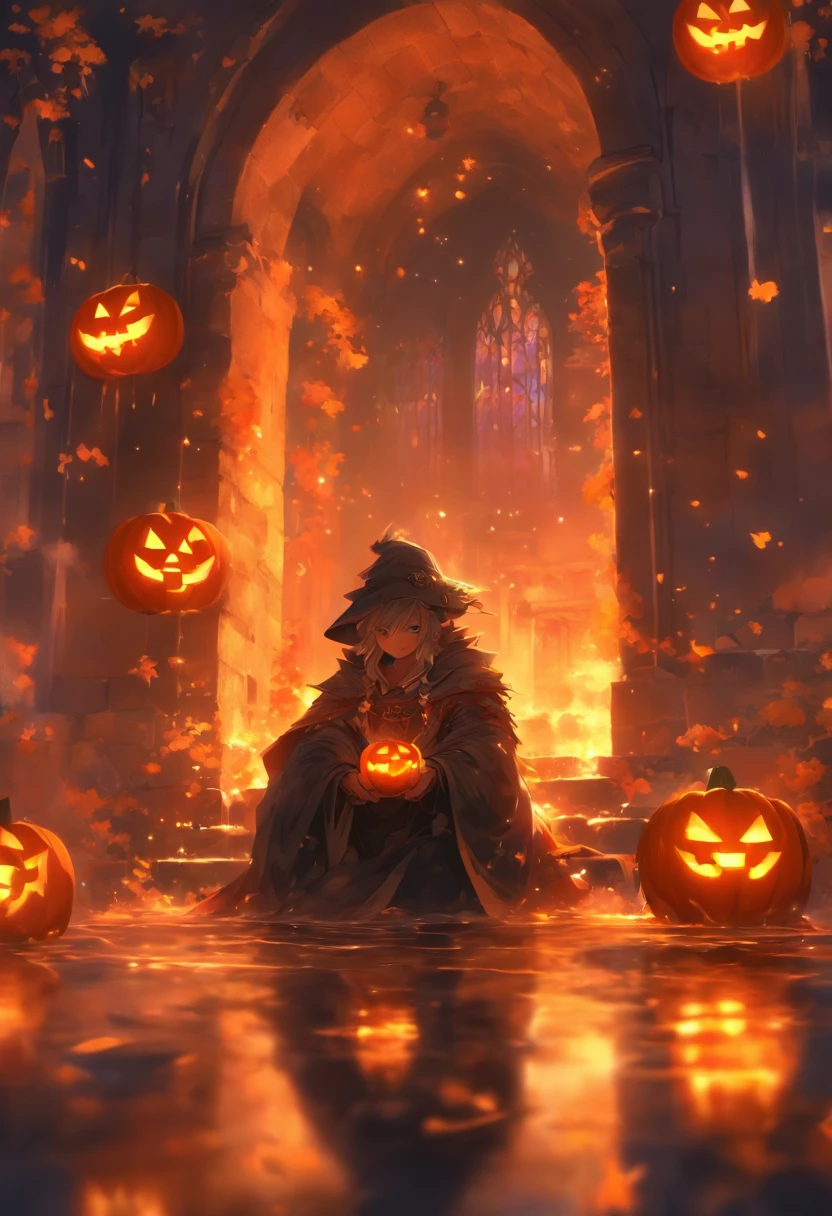 Halloween Floating Lights, Cinematic light and reflection, glowing lights, Intermediate metaverse elements，Digital Painting, Glowing reflections, pondering, Halloween Jack-o'-lantern, calm night, Digital Illustration, Beautiful atmosphere, Skylight at night, Calm evening atmosphere, Jack-o'-lantern, Halloween, the night, themoon, The game scene, Halloween, Surrounded by clouds, Buildings in medieval Europe, glazed tiles, ue, gorgeous colors, There are three arches in the foreground((color ink)), ( (Splash ink ) ), ((Splash ink) inky})), tmasterpiece, high quarity, Beautiful graphics, high detal,Magnificent