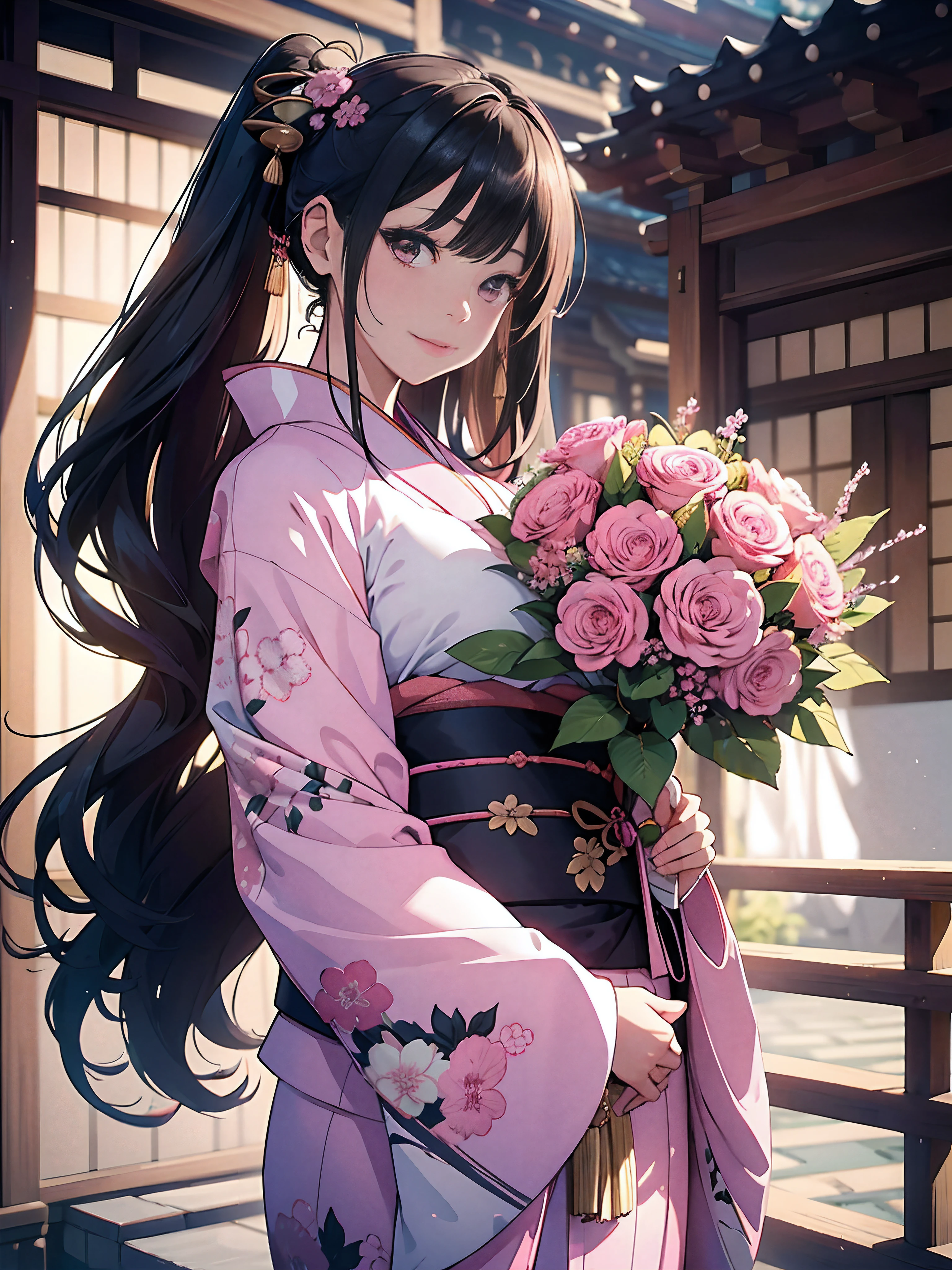 ((masterpiece1.5)),hyper quality, Hyper Detailed,Perfect drawing,1girl in,((Bigger breasts)),kawaii ,With smiling eyes,(((Beautiful kimono))),(((Luxury kimono))). 。.3D,16K illustrations,((clearface)),Hi-Res,nice background、(((beatiful backgrounds)))、(((Detailed drawing)))、Perfect Beautiful Girl、(((Perfect Photo)))、kirakira、shiny、a gorgeous、high-class sense、A dark-haired、(((pink seduction background)))、(thin-waist)、top-quality、Red face、​master piece,hyper quality, Hyper Detailed,Perfect drawing,。.3D,16K illustrations、Hi-Res、1 persons、japanaese girl、A dark-haired、poneyTail、Red ribbons、Cute even though her eyes are tight、(((luxury
kimono)))、(((Holding a wrapped bouquet)))、Back view、Detailed drawing、Best Quality, Capture super cute moments, depth of fields, ultra-detailliert,  High resolution, C4D, Octadale, 。.3D Modeling, Delicate and detailed depiction、Shooting from the back diagonally below、moonlights、superclear、Full of charm、​masterpiece、high detailing、beatiful backgrounds、Detailed drawing、Functional、emotional,、Vivid