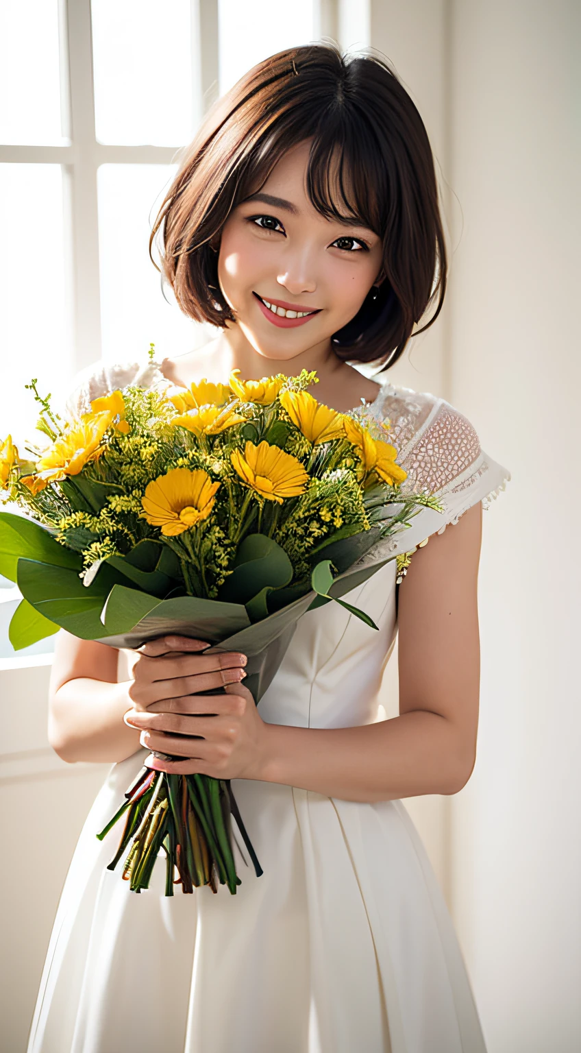 masterpiece, Best quality, Raw photorealism, Smile, big smile, happy face, Beautiful girl, Cute, Short hair, small breasts, depth of field, High resolution, Ultra detail, Very detailed eyes and face, Sharp pupils, Realistic pupils, Sharp focus, Movie lighting, white dress, summer dress,florist, in flower shop, white wall background, holding bouquet in both hands, many flowers, mixed flowers,
