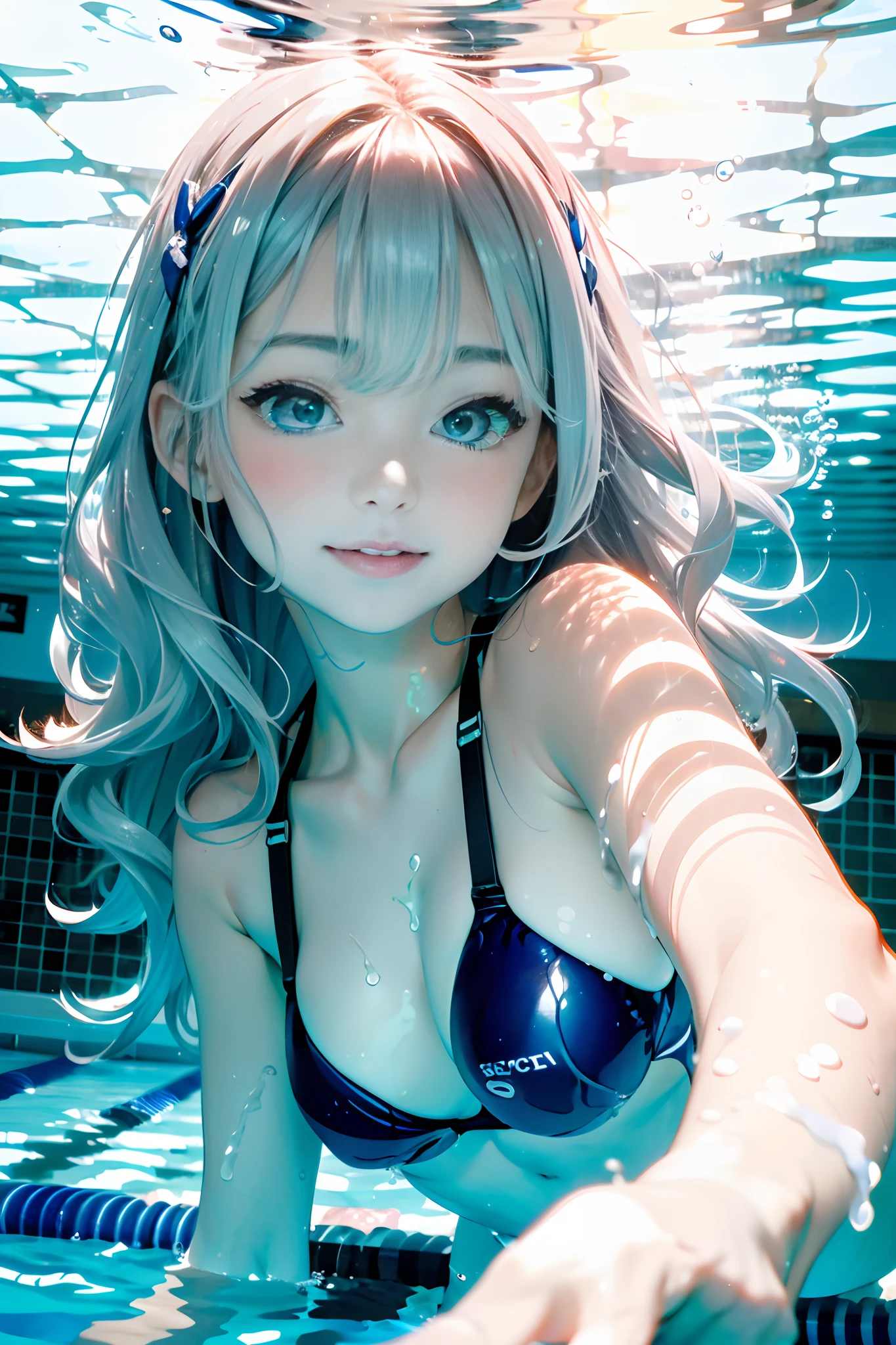 ((masterpiece)),(face focus:1.2),(from below),(Girl swimming deep underwater in the pool:1.5),(light blue competitive bikini),(small breasts),glistening skin,
BREAK
(silver hair),beautiful detailed eyes,aqua eyes,,long hair,smile,