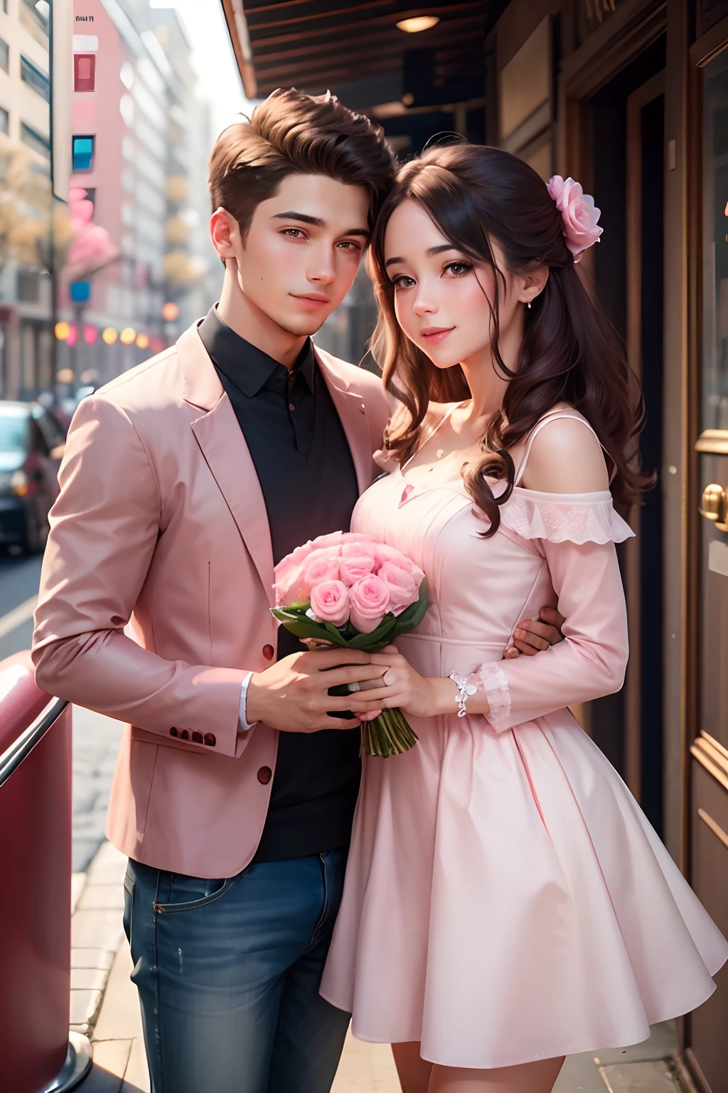 Valentine's Day,A stylish young couple,fresh flowers,In pink,love heart,illustration,Gorgeous dress,sweetsmile