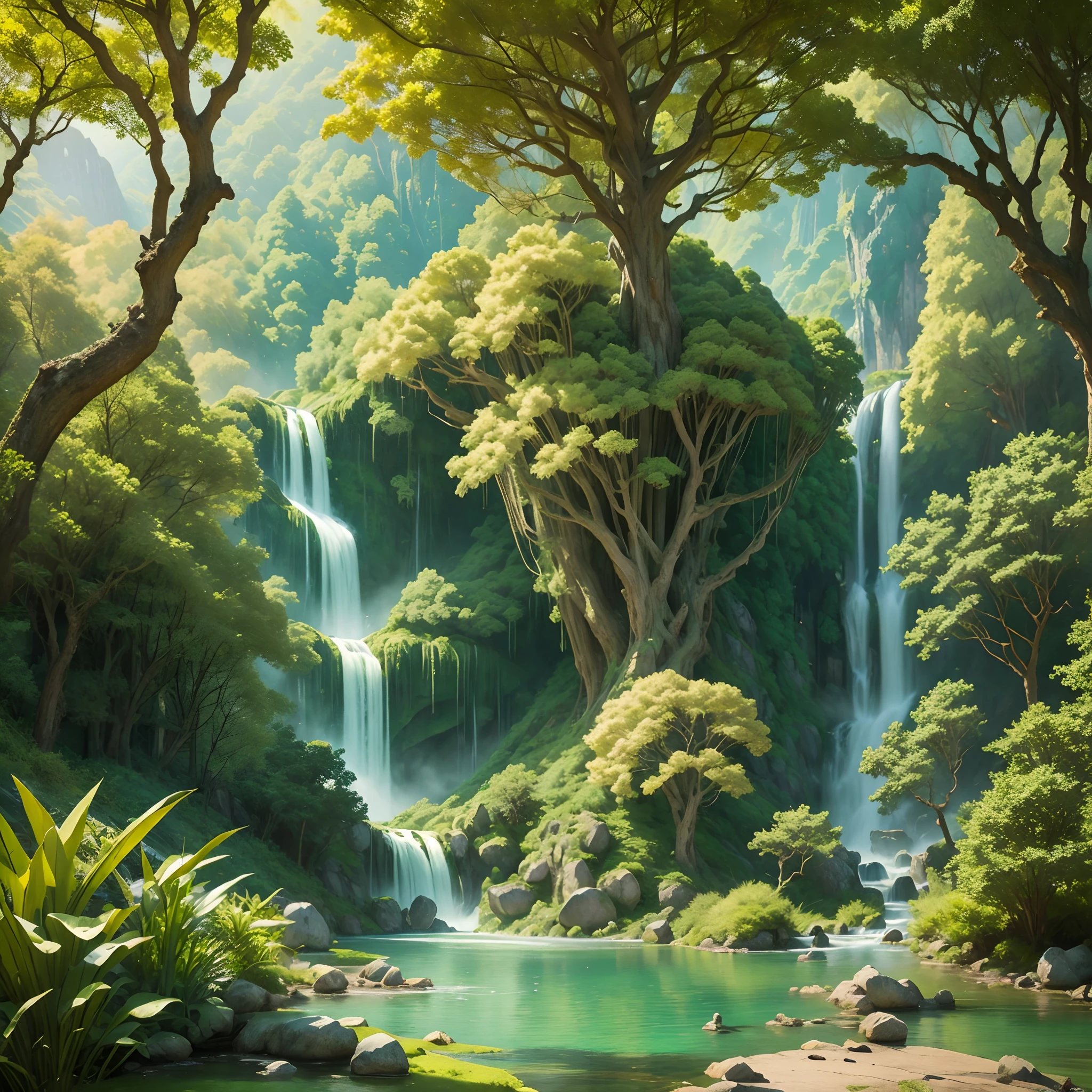 Chinese ancient times, spring, jungle, lake, cave, waterfall, tree, meadow, rock, deer, hot spring, water vapor, (illustration: 1.0), epic composition, realistic lighting, HD details, masterpiece, best quality, (very detailed CG unified 8k wallpaper), oil painting,acrylic painting