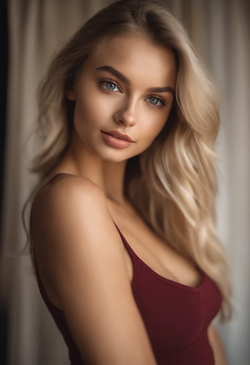 woman with matching tank top and panties, fille sexy aux yeux bleus, Portrait Sophie Mudd, Portrait de Corinna Kopf, cheveux blonds et grands yeux, selfie of a young woman, ohne Maquillage, maquillage naturel, Look directly into the camera, Visage avec Artgram, dezentes Maquillage, Superbe photo du corps entier, dans la chambre, gros seins, Blonde, Latin