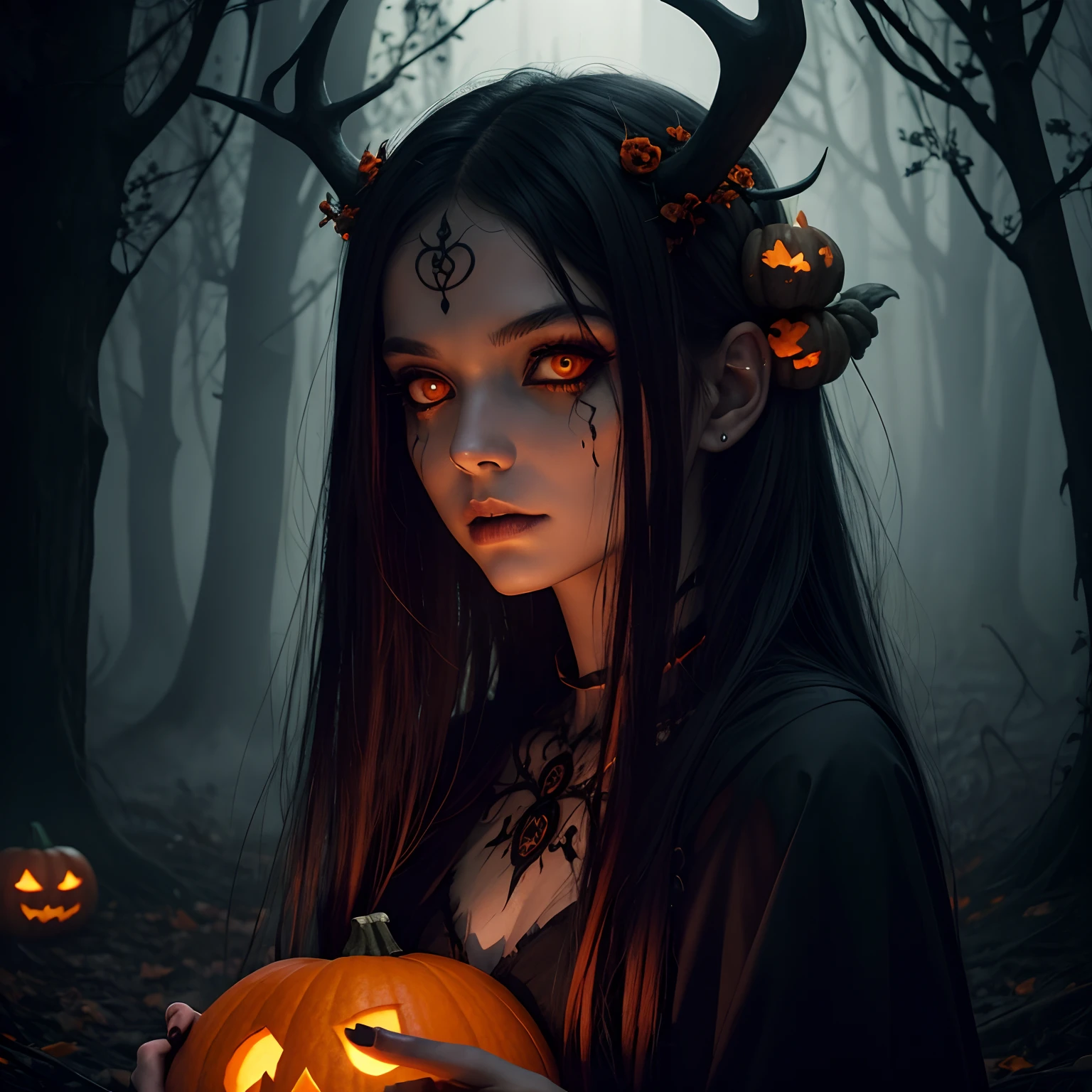 dark, unholy, evil, astral, creepy style, undead, rotting skin, mystical, nice perfect face with soft skin, young beautiful girl portrait, pumpkin lantern, halloween, orange smoke, mist, night, black clothes long dark hair, antlers glowing orange eyes, from side, light orange glow, void