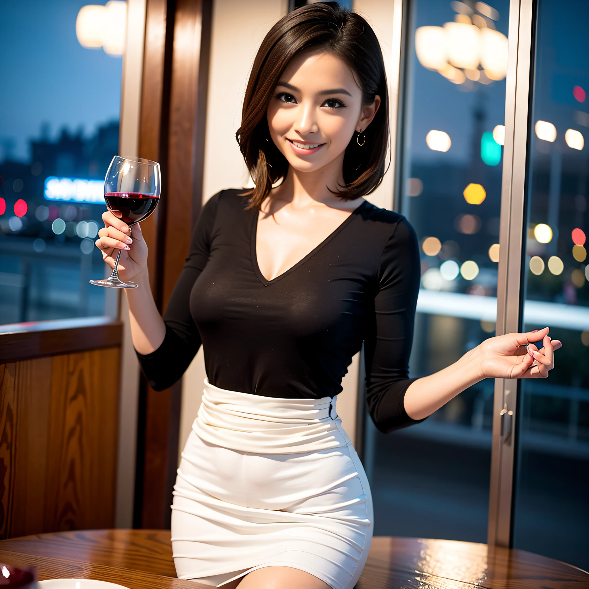 (64K, UHD, top quality, masterpiece: 1.2), (realistic, photorealistic: 1.37), super detailed, pretty woman 1 person, (slim face), (slim body), (brown hair), (short cut), cheeks slightly blushing, (35 years old), 38 years old, solo, beautiful detailed urban night view outside the window, restaurant, wine glasses sit, at night, in a prominent place (from the waist up) NovaFrogStyle, Actress, Model, Waist Up, White Wine, Slim, Wine Glass, Super Clean Night View, Wine Glass Put in the Middle, Happy Smile, (Smile: 1.15), Beautiful Fine Eyes, Upper Body, Bust Japan Up, Night, Short, Short, Actress, Model, Waist Up, White Wine, Slim, Wine Glass, Super Clean Night View, Wine Glass Put in the Middle, Happy Smile,