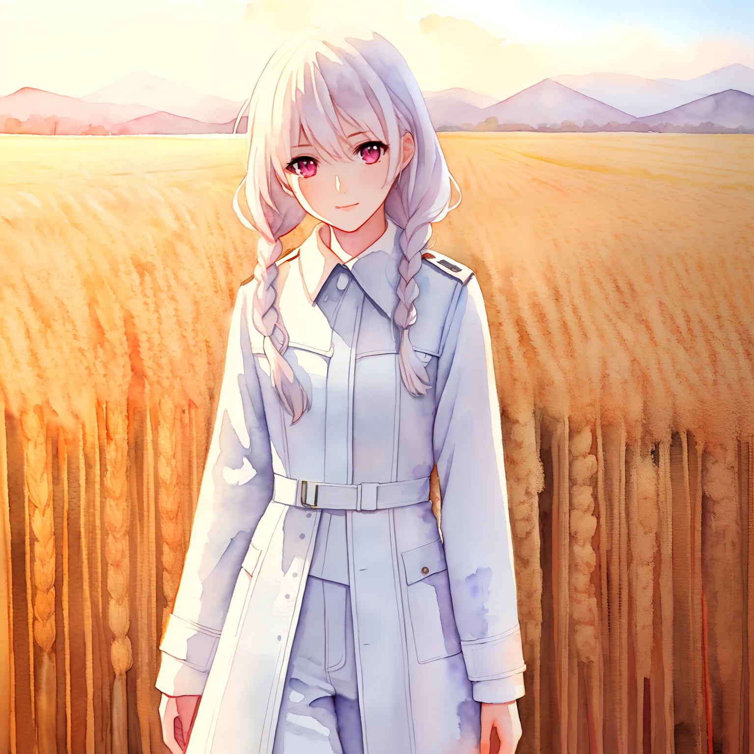 Female, ite, youult, pink eyes, white hair, braid, white trenchcoat, black jumpsuit, communist, (watercolor painting), high resolution, best quality, shadows, soft lights, impasto impressionism, (linear art), ((wheat field)), (((very detailed))), slight smile