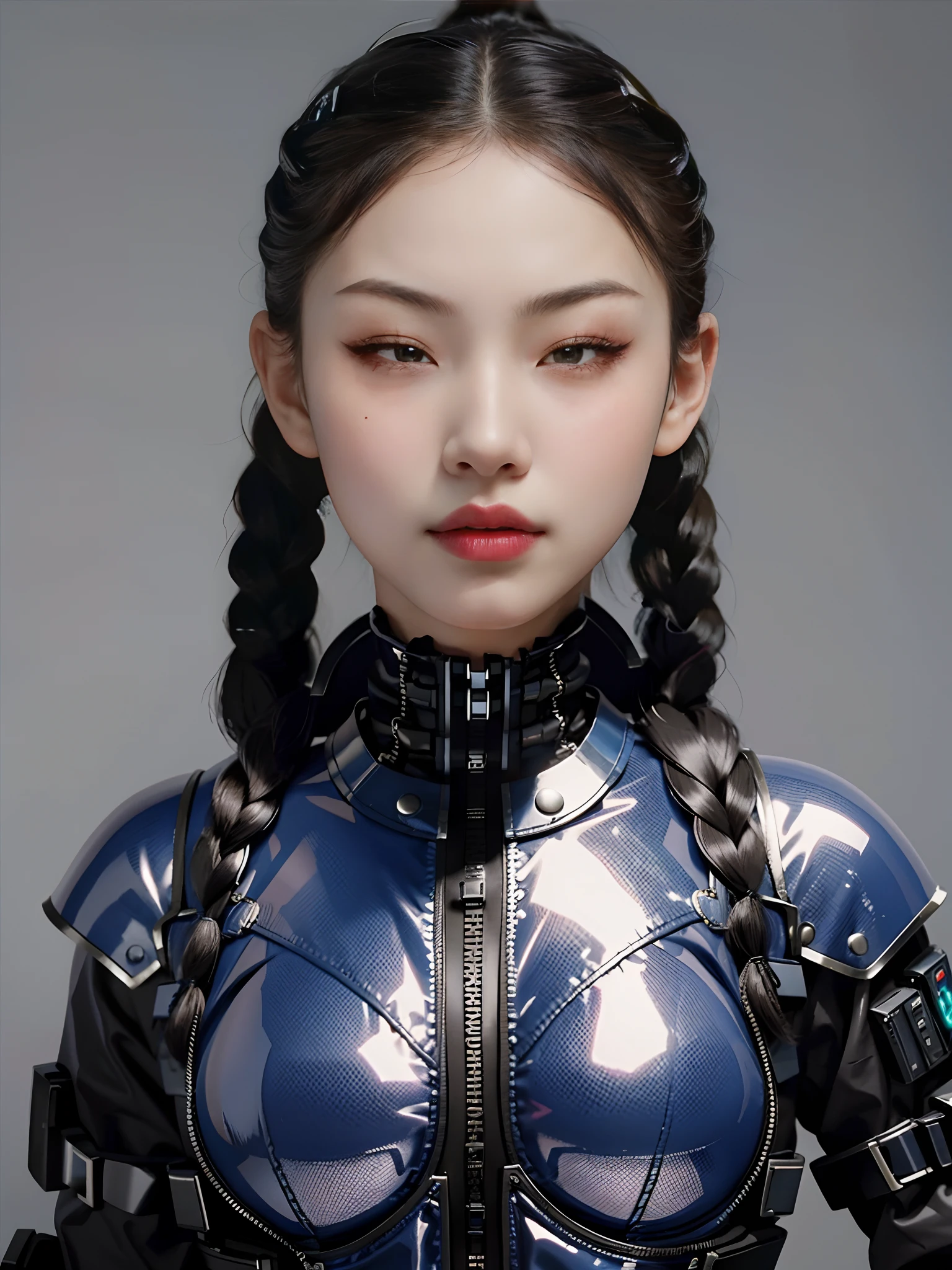 1 beautiful woman,Wearing a modiran PVC mech,bulletproof vest,Twist braids,little breast,cyber punk perssonage,greybackground