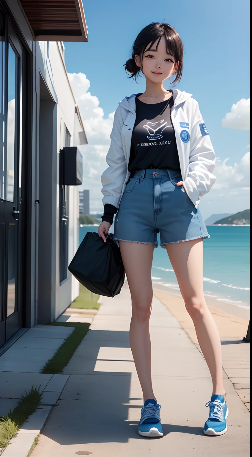 The figure is the whole body、is standing、Cute 23 year old girl,The body is faced with a lick,Looking at the cameraman with a smile、wearing black tshirt、Wearing a short、Wearing a white-blue summer jacket、Wear blue basketball shoes、Wolfcut、Beautiful feet、thighs are thin、Ass small、thin ankles、The view is a hilly park with a view of the sea、lunchtime