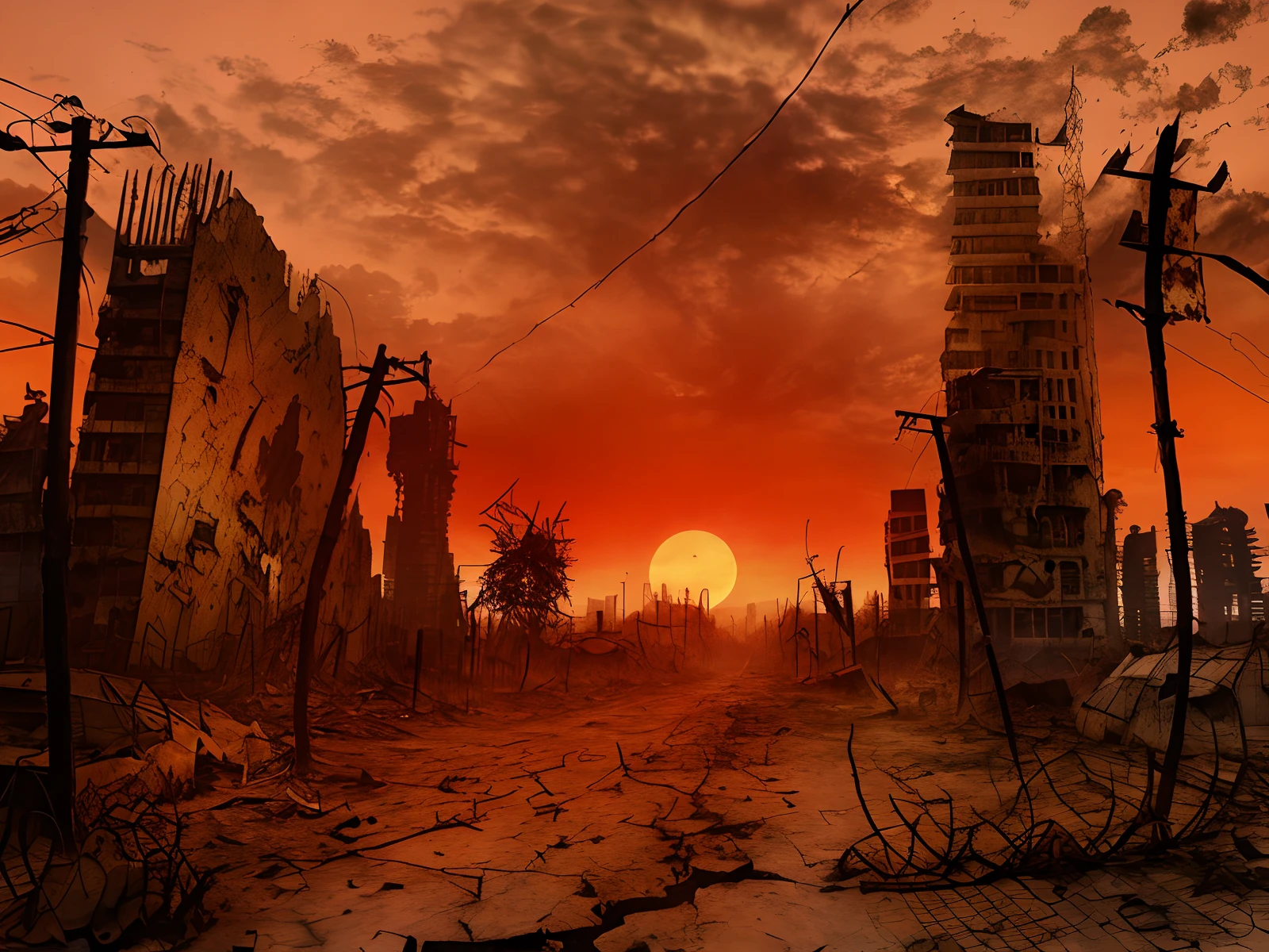 Arafed city with a sunset in the background and barbed wire, post-apocalyptic hellscape, apocalyptic background, apocalyptic city, apocalyptic landscape, apocalyptic scene, apocalyptic scenery, post - apocalyptic wasteland, Paisagem da cidade do apocalipse, apocalyptic ambience, apocalyptic city backround, apocalyptic scenery, Ominous apocalyptic background, background post apocalyptic, post apocalyptic atmosphere, post apocalyptic wasteland, eclipse solar, um anel de fogo ao redor do Sol