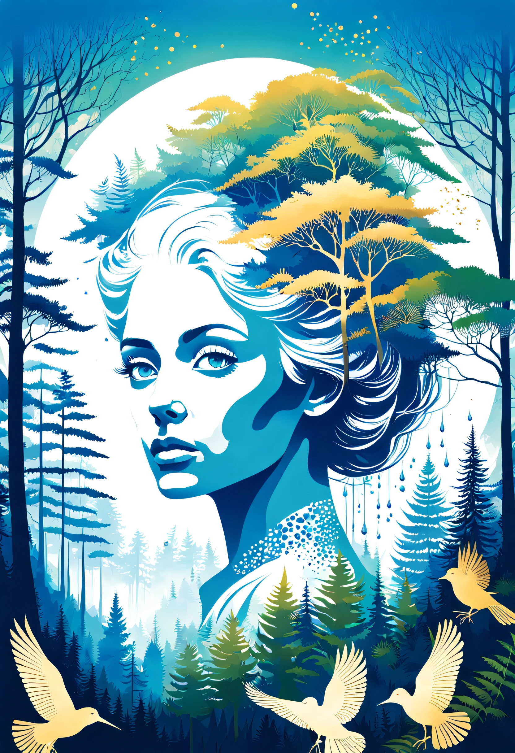 Craft a mesmerizing double exposure photoillustration that masterfully merges the intricate worlds of humans and forest and mist and birds and bugs. In this artwork, draw inspiration from the distinctive styles of Dan Mountford, ensuring the final piece showcases the imaginative essence of this artist. Set the background to the deep cobalt blue sky. Utilize pastel and monochrome green and gold colors to bring out the dynamic energy of the scene. Envision the trees, fern. The negative space in the composition should contribute to the overall balance, emphasizing the depth and layers of the artwork.The primary focus of the composition should be the seamless fusion of a woman, called Gaia, mother nature with white hair and blue eyes and trees and mist. With drops of golden ink