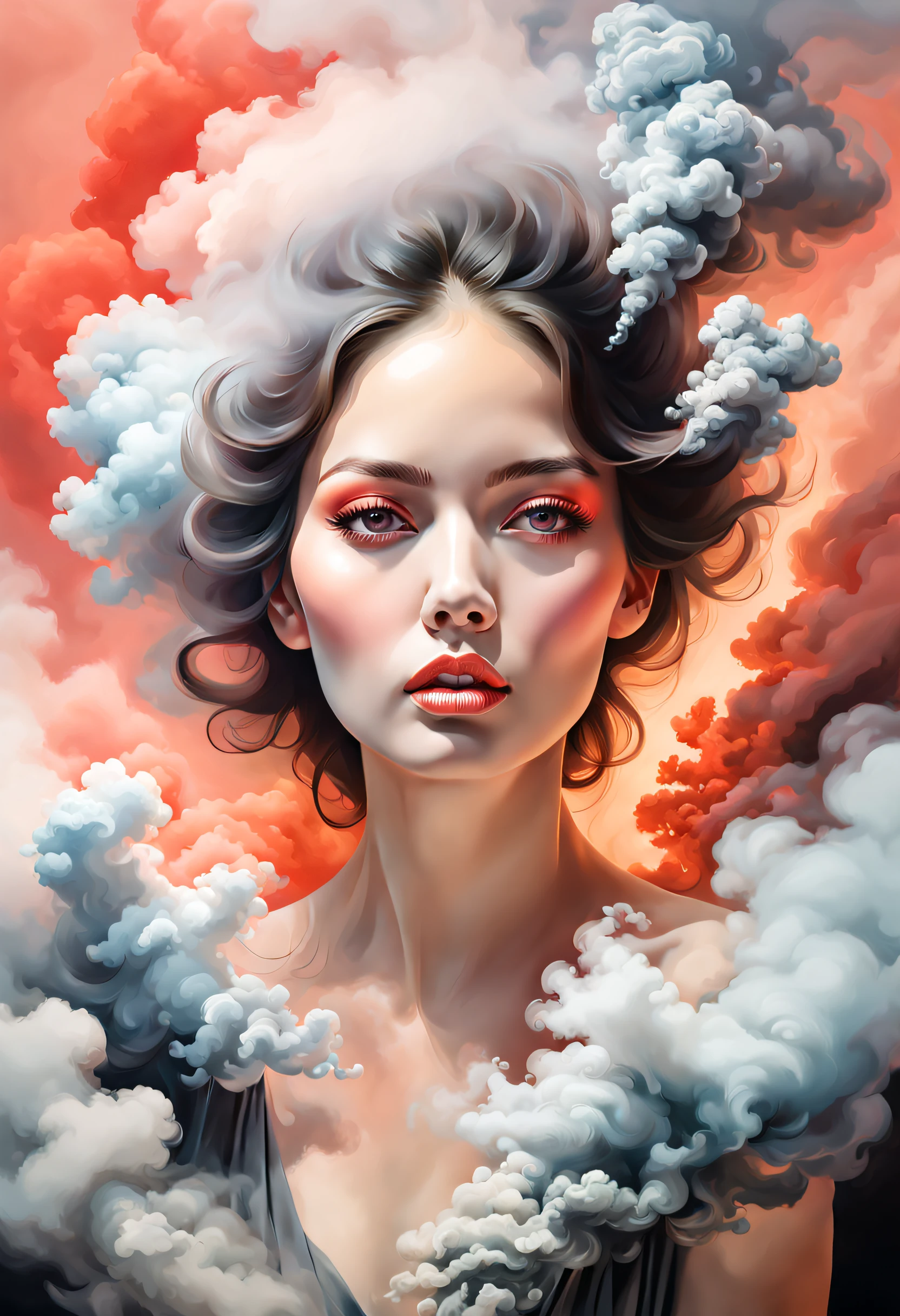 portrait of a woman covered in cloud of smoke, whirlwind, coral highlight colors, coral make-up, hints of pastel, misty, seductive, sultry, breathtaking, oil painting style, artistic, aesthetic modern art, hyper-realism