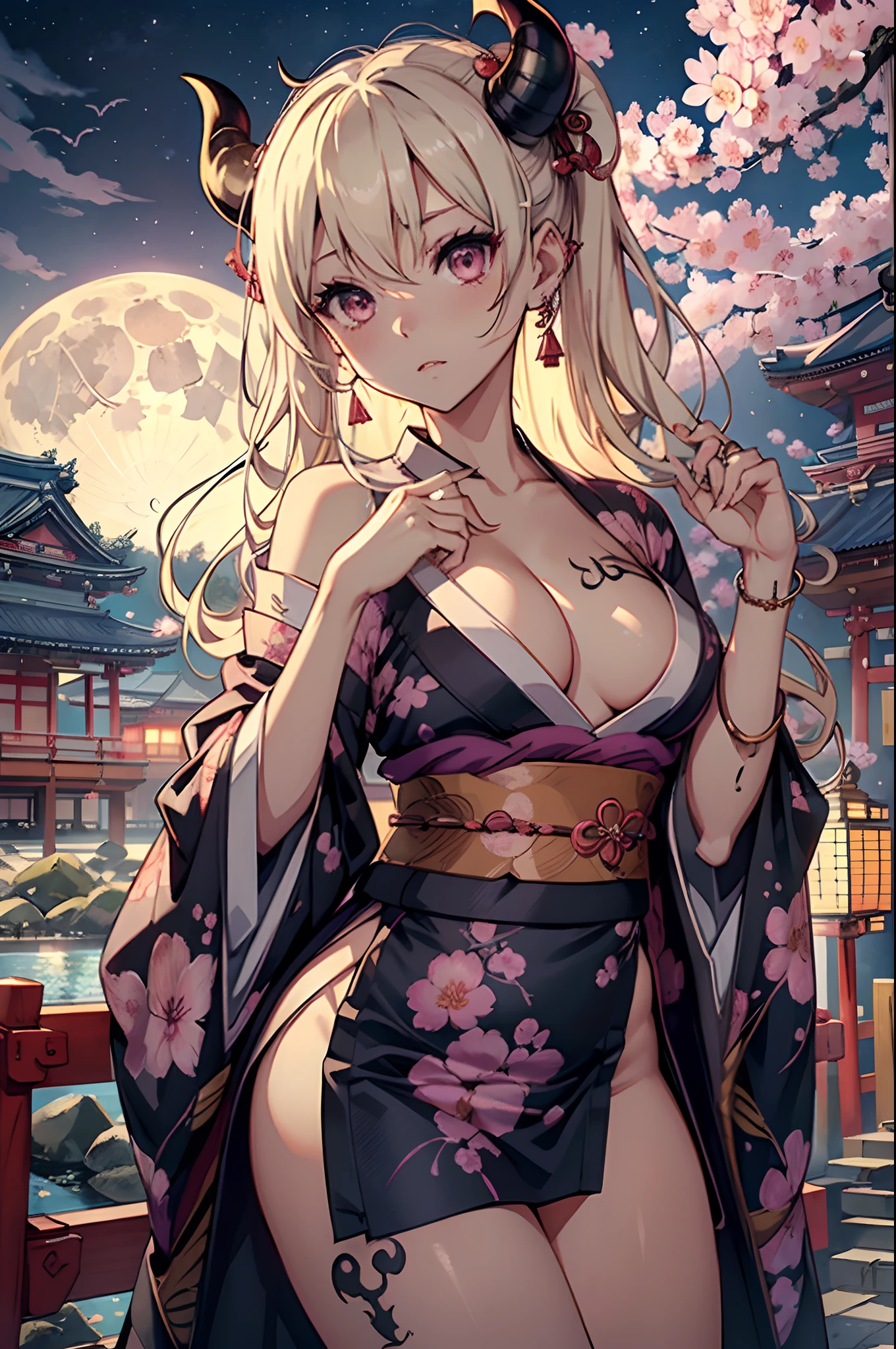 masutepiece、ultra-quality、ultra-detailliert、Perfect drawing、。.。.。.。.3D、16K illustrations、(((Succubus)))、666、(((demonic horns)))、((Bat Wings))、clearface、Hi-Res、((1 japanese girl))、((a blond))、messy hair style、((darkskin))、((The tattoo))、((Raised corners of the eyes))、((Outrage))、((glares))、piercings、numerous piercings in the ears、(((A lot of thin rings on the wrist)))、(((beautiful kimonos)))、(((Luxury kimono)))、((花魁))、(((Wandering girl)))、Beautiful black hair、poneyTail、big red ribbon、 ((Prostitution halls))、((Yoshiwara))、((fullmoon))、(((Moon Night)))、(((rays of moonlight)))、((Plum blossoms))、((peach blossoms))、((cherryblossom))、(((Beautiful old Japan background)))、Gradient sky、Komono、ample breasts、Beautiful expression 、master piece,hyper quality, Hyper Detailed,Perfect drawing,Gorgeous、Beautiful、solemnity、Graceful、Dazzling、Flowers and Birds Fugetsu、Fantastical、A quaint masterpiece、ultra-quality、ultra-detailliert、Perfect drawing、