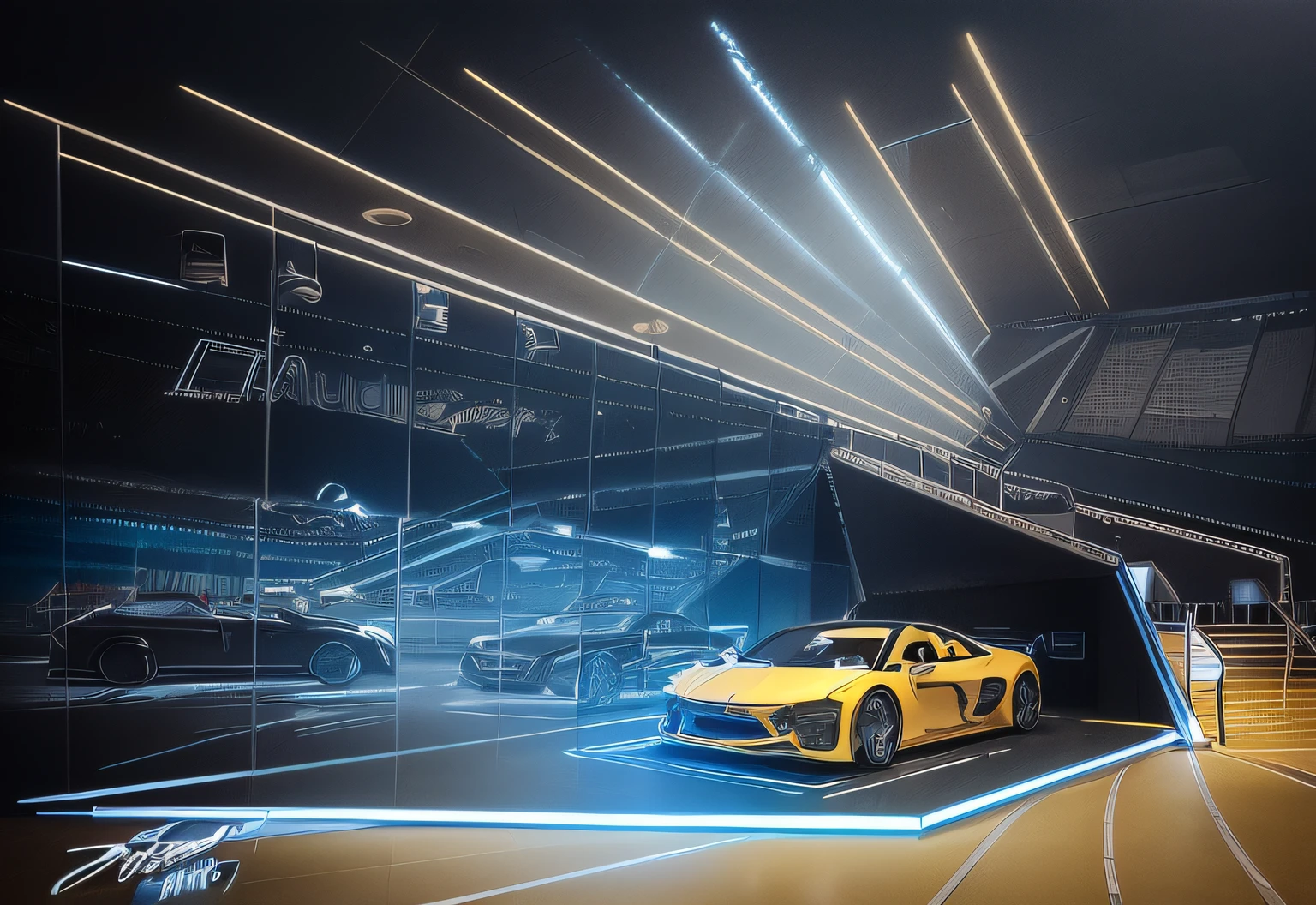 High-quality realistic rendering,Auto Show Warm yellow and blue atmosphere,The ceiling has a glowing whale,There is a tour explanation below