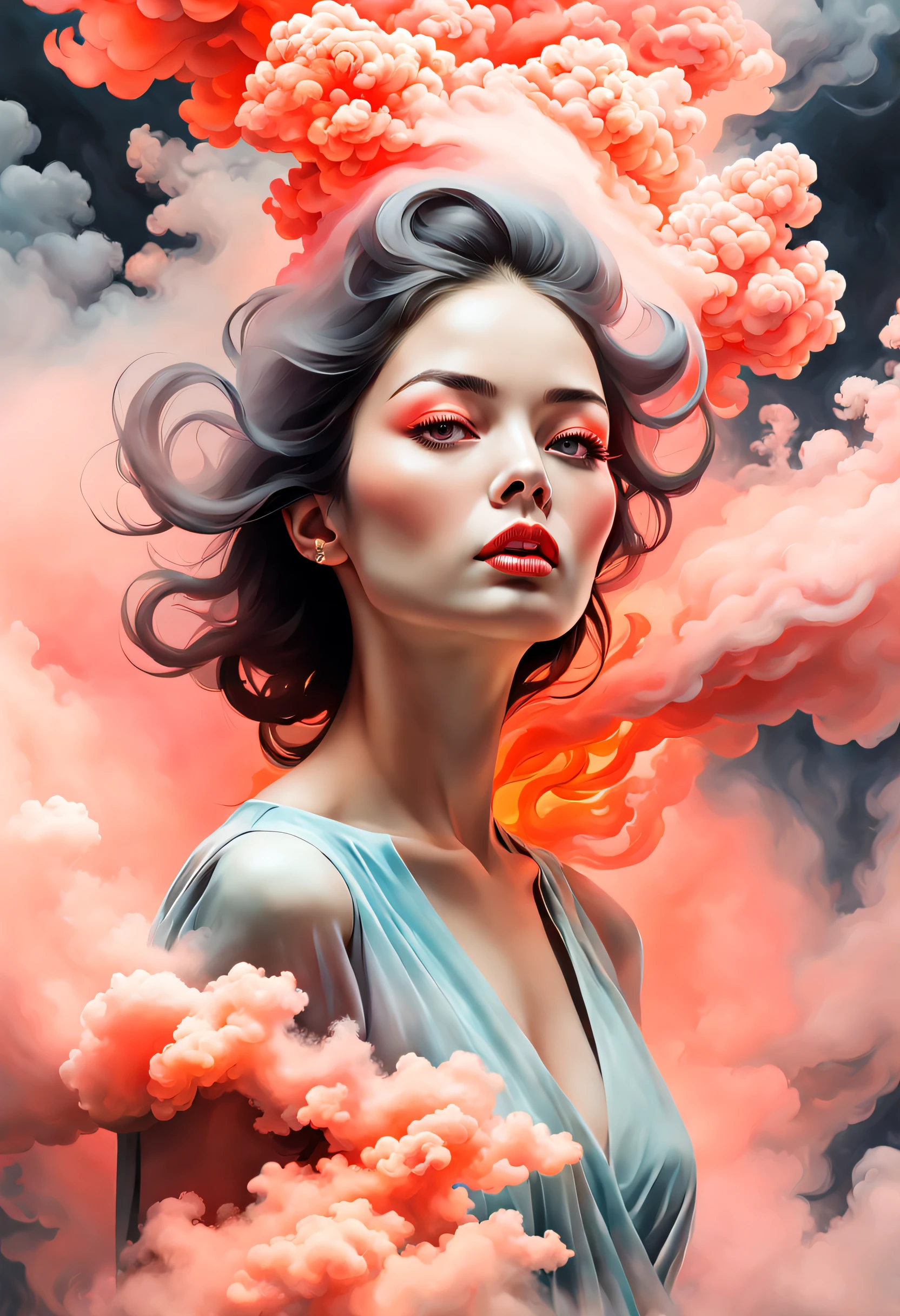portrait of a woman covered in cloud of smoke, whirlwind, coral highlight colors, coral make-up, hints of pastel, misty, seductive, sultry, breathtaking, oil painting style, artistic, aesthetic modern art, hyper-realism, cleavage, sexy