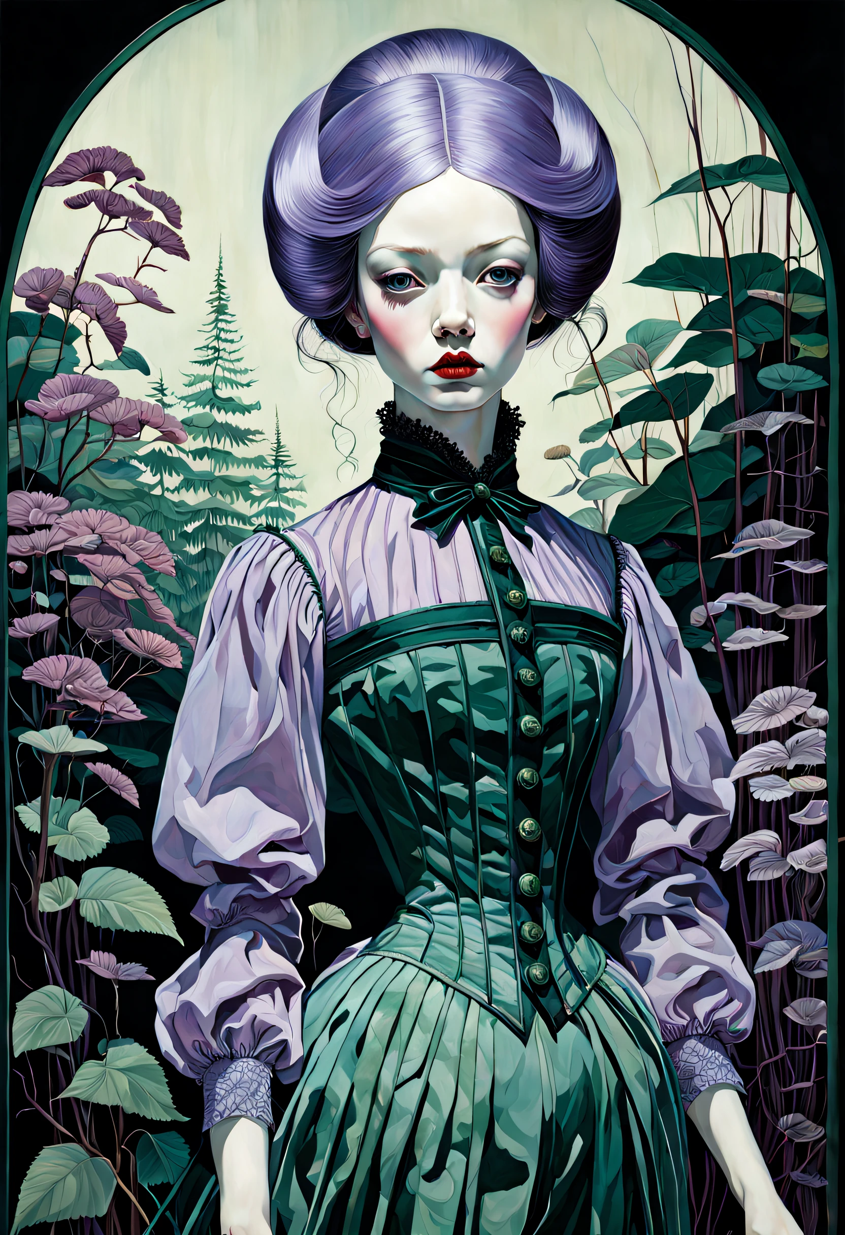 A victorian doll, professional ominous concept art, open eyes, Sheer Lilac, Purple Corallite, UP Forest Green, Peppermint Bar und Spear Shaf, in mix style of Jillian Tamaki, Tran Nguyen, Edward Hopper, Takato Yamamoto, surrealism, dark art by james jean, detailed, extremely detailed, delicate detail, crisp quality, ultra realistic, hyperrealistic, award