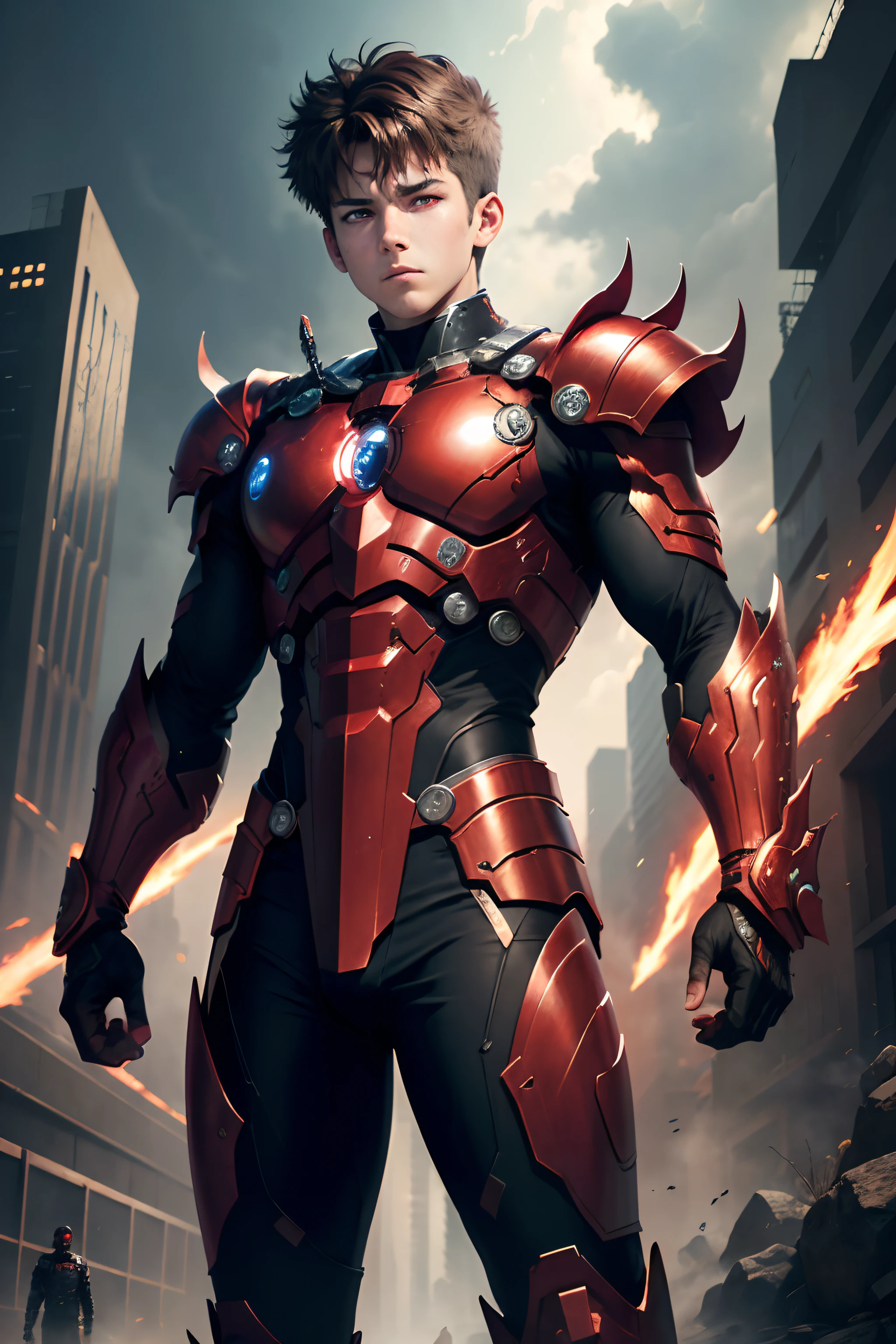 science fiction, (masterpiece, best quality, ultra detailed), red eyes, suffering, (1boy:1.6), dynamic streaks, vibrant colors, technology, manga influence, comic, warrior wearing big gauntlet, extreme detailed wallpaper, expressionless