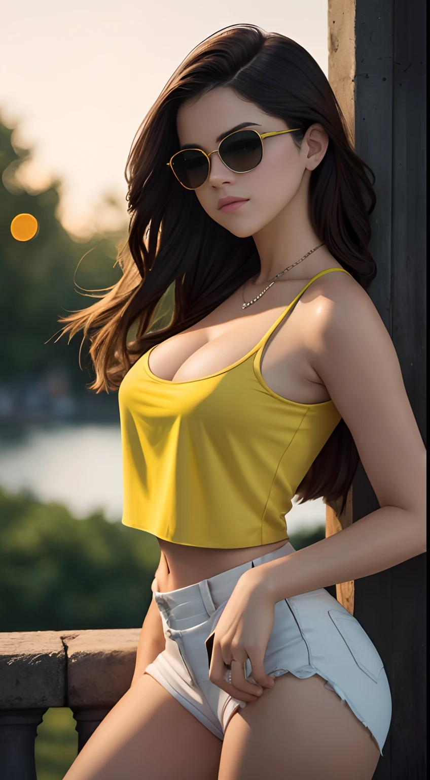 cleavage, a beautiful woman, she is ((( Selena Gomez:Emma Watson:0.8))), from_above, close-up, crop top, ((Crop top)))detailed face, capezzolo ritto tette grandiyellow bodycon tank top, hair, park, sky, trees, pale skin, moonlight, stars, 1girl, statement sunglasses, big breasts ,petite, vivid colors, bokeh background, subject for emphasis,dramatic colors , hyperealistic, masterpiece, best quality, nsfw