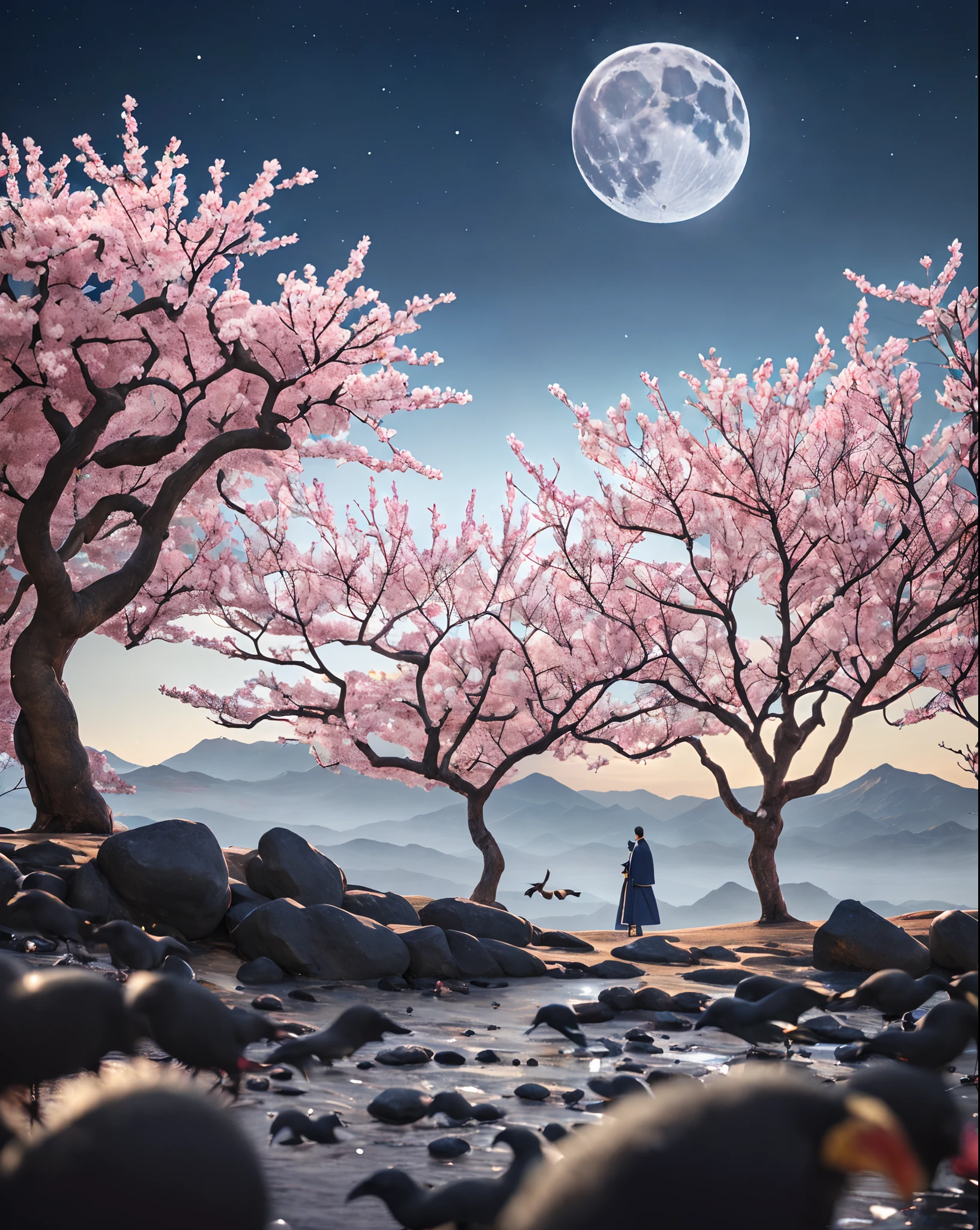 The image is a digital painting set against a mystical landscape. The scene is dominated by a massive, pale moon or celestial body that fills the sky, radiating soft light. This moon appears to be close to the viewer, as its surface shows subtle spots or marks.

In the foreground, a figure stands with their back to the viewer, observing the breathtaking vista. This person is dressed in traditional attire, possibly reminiscent of ancient East Asian garments. They wear a blue kimono or robe, adorned with intricate floral patterns. A red sash or obi wraps around their waist. The figure's hair is done up in a bun, held together by an accessory.

Below the person is a rocky outcrop, positioned like a viewing point amidst the rugged terrain. Surrounding the area are twisted, gnarly trees that appear to be cherry blossoms. Their pink-red blossoms are scattered by a breeze, creating a shower of petals that dance around the scene. This ethereal atmosphere is further enhanced by the presence of birds – possibly crows or ravens – that soar around the sky, their dark silhouettes contrasting sharply against the bright backdrop of the moon.

The overall color palette is dominated by cool blues and grays, with touches of pink-red from the cherry blossoms, giving the artwork a serene, dreamlike quality. 

The image invokes feelings of introspection, serenity, and the timeless beauty of nature.