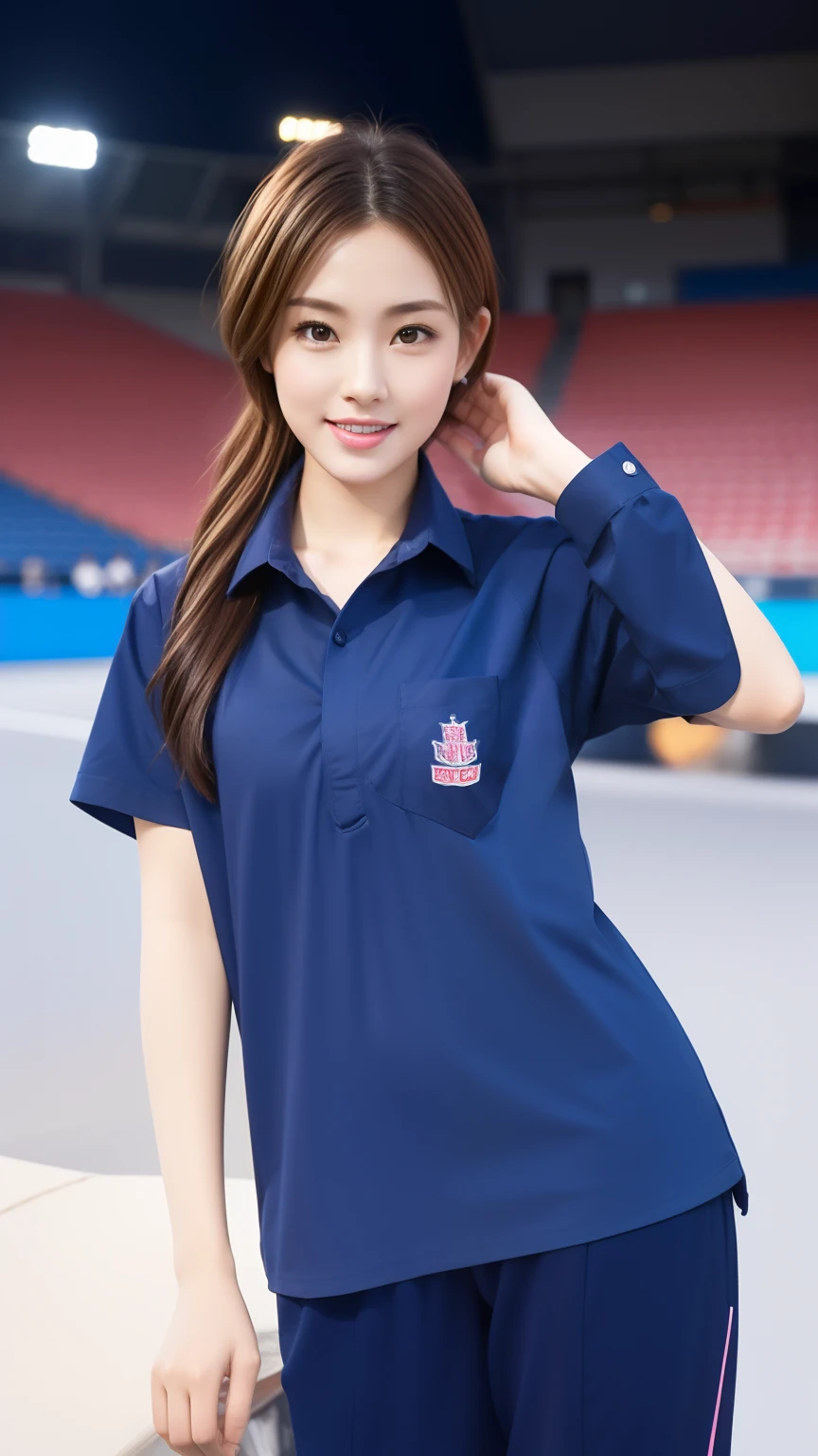 (bestquality,10,10,highres,masterpiece:1.2),ultra-detail,(Realistic,photorealistic portrait,photo-realistic:1.37),1 Cute girl in the football field,oily shiny skin,bara,light smile,BDclothes,((blue shirt:1.3)),short sleeves,shirt, trousers.,(navy_long_Pants Track:1.1), ((Stadium Background:1.3)),dynamic angle,excited,face focus,Dynamic Poses,from behide,Ass Focus,masterpiece, bestquality, ultra realistic, hyper-detail, 8k resolution, RAW photo, crisp focus, ((Navy blue shirt:1.1)), short sleeves, Long Path, Perfect body, 2 mature women, 18yo, cinematic light,Blue sweatpants,Gymware,Correct anatomy,Complete body, Correct body, sharp face, Anatomically correct body, full entire body, Realistic gestures, long-haired, Realistic poses,Wear long shorts....,Long leg span,Shapely,Sculpting Girl 2 Girl Kissing, Realistic kiss, Slender Figure, mannequin mannequins, Shapely, Beautiful body