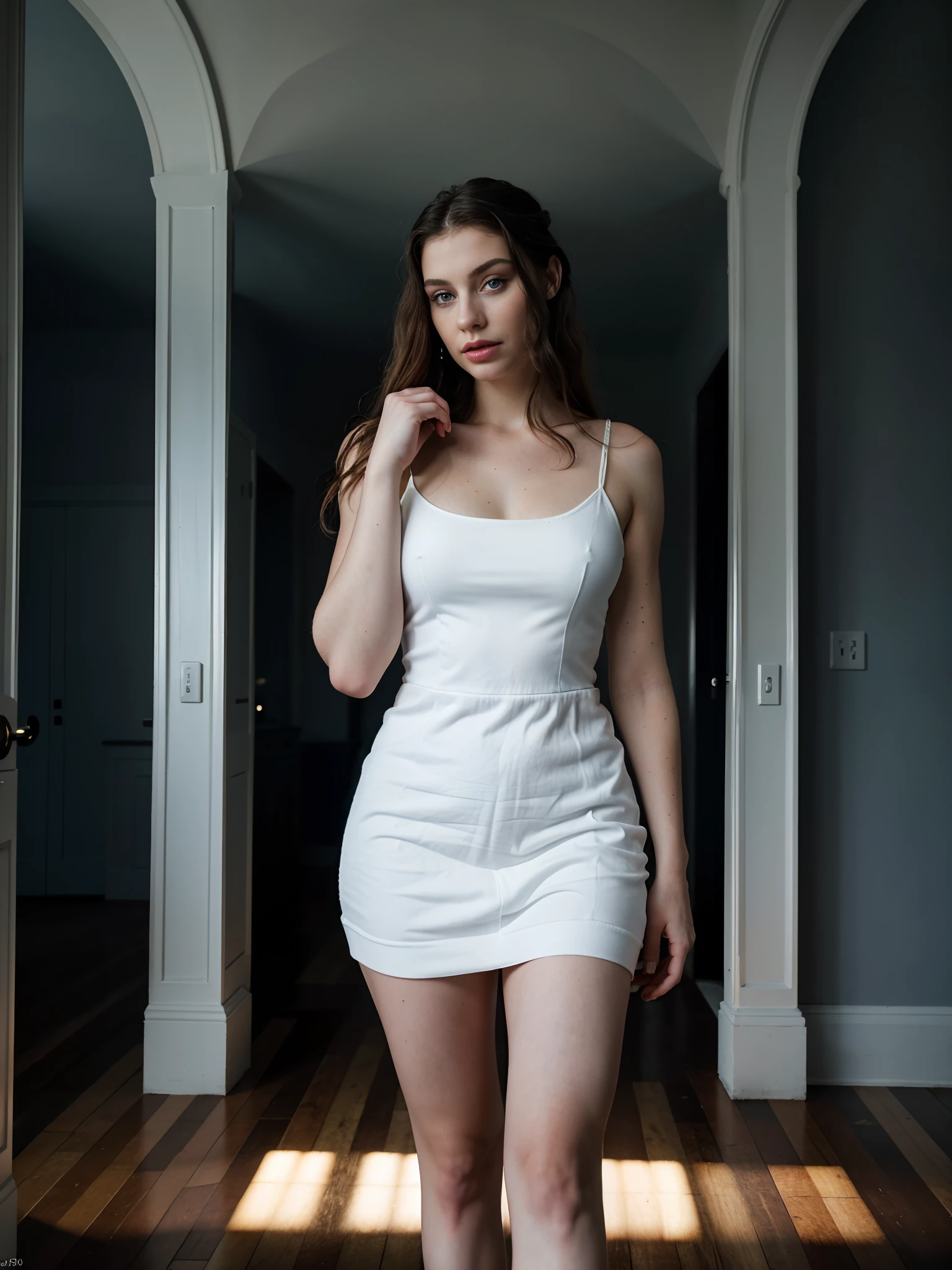 (best quality,4k,8k,highres,masterpiece:1.2),ultra-detailed,(realistic,photorealistic,photo-realistic:1.37), full body portrait of a 24-yo sexy woman, lust, detailed blue eyes and face, beautiful detailed lips, white pixie hair, long eyelashes, red dress, standing in the room, dark private study, dark and moody light:1.2, professional, vivid colors