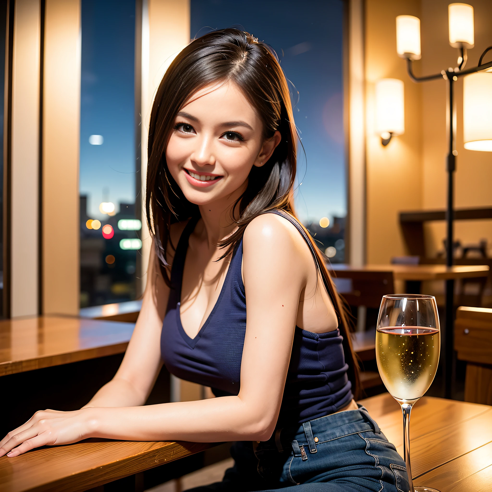 (64K, UHD, top quality, masterpiece: 1.2), (realistic, photorealistic: 1.37), super detailed, pretty woman 1 person, (slim face), (slim body), (brown hair), (short cut), cheeks slightly blushing, (44 years old), 38 years old, solo, beautiful detailed urban night view outside the window, restaurant, wine glasses sit, at night, in a prominent placeNovaFrogStyle, Actress, Model, Waist Up, White Wine, Slim, Wine Glass, Super Clean Night View, Wine Glass Put in the Middle, Happy Smile, (Smile: 1.15), Beautiful Fine Eyes, Upper Body, Bust Japan Up, Night, Short, Short, Actress, Model, Waist Up, White Wine, Slim, Wine Glass, Super Clean Night View, Wine Glass Put in the Middle, Happy Smile,