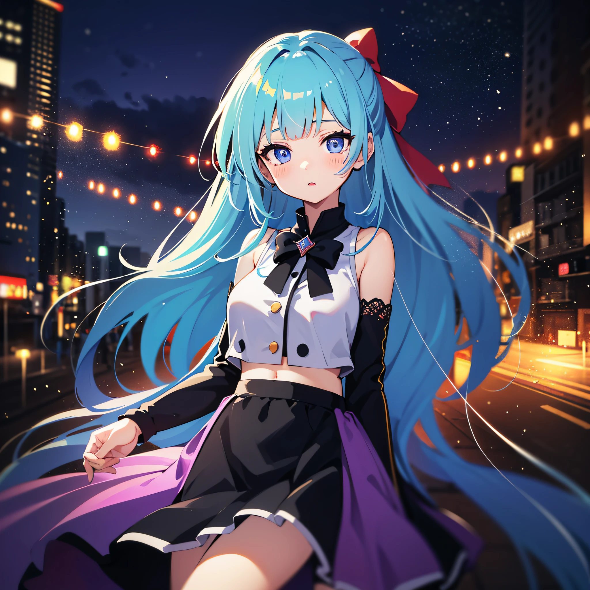 (masutepiece:1.3), (Best Quality:1.3), High resolution, Couboy Shot, on  back,  (One Cute Girl:1.3), Solo, White skin, eight-headed person, Light blue hair, (bobhair:1.2), Short hair, (Blunt bangs:1.2), Beautiful hair, Blue eyes, Beautiful detailed eyes, blush, heart mark,portraitures, Purple eyes,Deities々Shishihitomi, Perfect eyes、Perfect arms、Tricolor hair color、Long hair, Purple bangs、Nodoka Haramura, Blue eyes, Hair Bow, Long ponytail hair, purple color  hair,Miraculous body lines,Pole Pose、Super long skirt、Navel Ejection、Thick、Winter clothes、Strenuous movements、BREAK looking at viewer, Break indoors, BREAK (masutepiece:1.2),Best Quality,hight resolution, Unity 8k壁纸,Fireworks on the beach on a summer night、Arms tucked between crotches、Raking up hair、,Dance moments、extremely details CG, (Perfect hands, Perfect Anatomy)