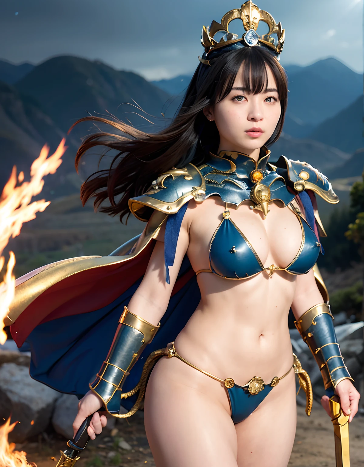 Professional , masterpiece、top-quality、photos realistic , 、top-quality、超A high resolution、(Photorealsitic:1.4)、Raw photo、depth of fields (Gemstone Gold Metal Body:1.9),(Matte White、Toostock、cleavage of the breast、(cleavage of the breast)、(((Micro Bikini Armor))),(Detailed Dragon Armor)、(Have the strongest weapon)、((Random Hairstyles 1.6),Dark Fantasy,)explosions、intense fighting、(Precipitous cliffs),Dragon Gold Weapon,Mystical expression、Particles of light、Fight dragons、(Detailed Dragon Helmet),Gorgeous Silver Weapons ,(( Dragon's dense and gorgeous sword)) , Beautiful knife ,warhammer 40k ,Detail and gorgeous crown、((Blue hair))、(Castle background)、、((Gangle's forest background))、Beautiful Caucasian beauty、1a person、dynamic ungle,(((With detailed shielding)))、Smaller head、A smile、Castle background、Thin and beautiful female hands、cleavage of the breast、Soldier in iron armor on background、Mystical expression、Light Effects、intense fighting、Wind-effect、magic circles、With the legendary magic wand、(demonic wings)、Toostock、