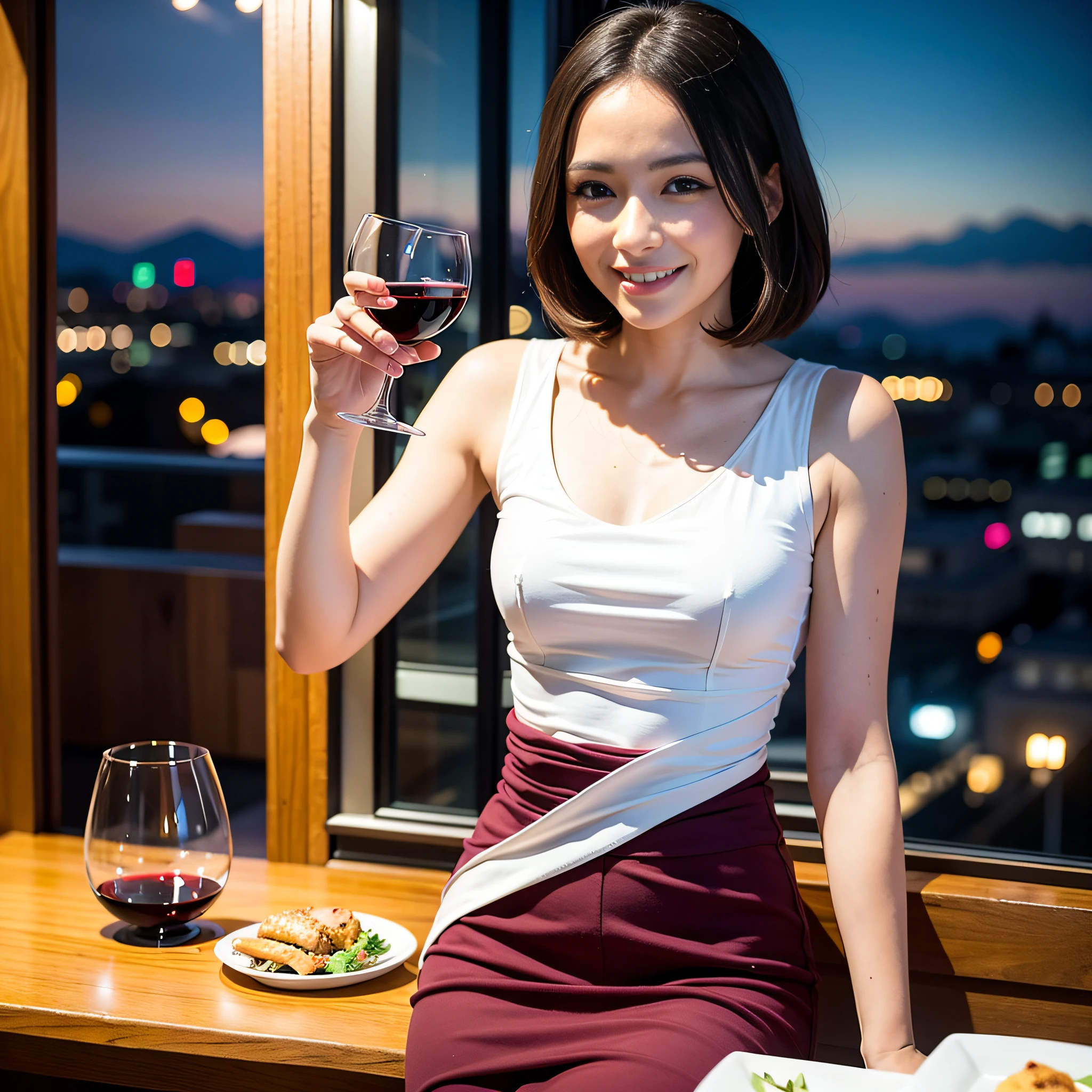 (64K, UHD, top quality, masterpiece: 1.2), (realistic, photorealistic: 1.37), super detailed, pretty woman 1 person, (slim face), (slim body), (brown hair), (short cut), cheeks slightly blushing, (42 years old), 38 years old, solo, beautiful detailed urban night view outside the window, restaurant, wine glasses sit, night, in a prominent place (from the waist up) NovaFrogStyle, Actress, Model, Waist Up, White Wine, Slim, Wine Glass, Super Clean Night View, Wine Glass Put in the Middle, Happy Smile, (Smile: 1.15), Beautiful Fine Eyes, Upper Body, Bust Japan Up, Night, Short, Short, Actress, Model, Waist Up, White Wine, Slim, Wine Glass, Super Clean Night View, Wine Glass Put in the Middle, Happy Smile,
