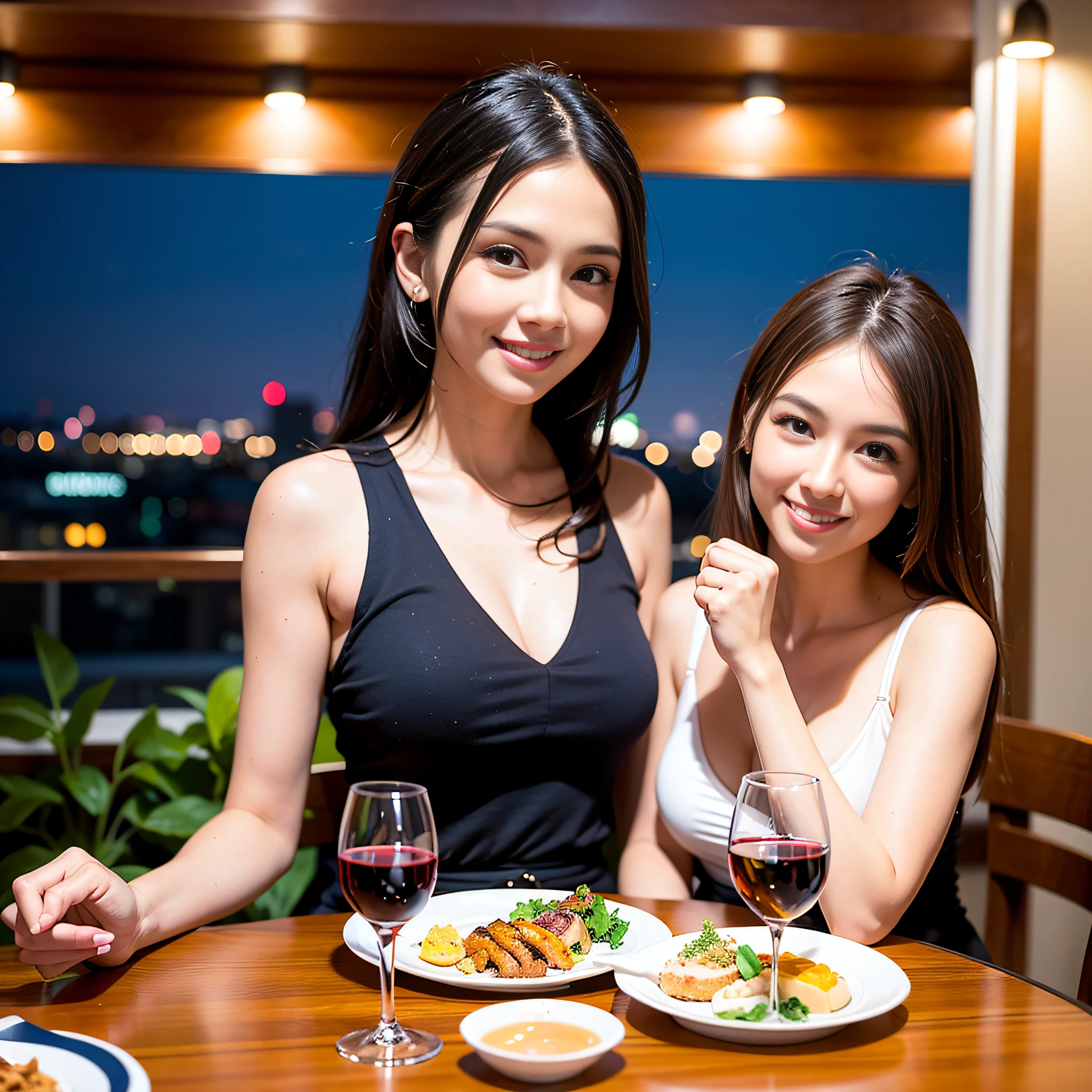 (64K, UHD, top quality, masterpiece: 1.2), (realistic, photorealistic: 1.37), super detailed, pretty woman 1 person, (slim face), (slim body), (brown hair), (short cut), cheeks slightly blushing, (44 years old), 38 years old, solo, beautiful detailed urban night view outside the window, restaurant, wine glasses sit, at night, in a prominent placeNovaFrogStyle, Actress, Model, Waist Up, White Wine, Slim, Wine Glass, Super Clean Night View, Wine Glass Put in the Middle, Happy Smile, (Smile: 1.15), Beautiful Fine Eyes, Upper Body, Bust Japan Up, Night, Short, Short, Actress, Model, Waist Up, White Wine, Slim, Wine Glass, Super Clean Night View, Wine Glass Put in the Middle, Happy Smile,