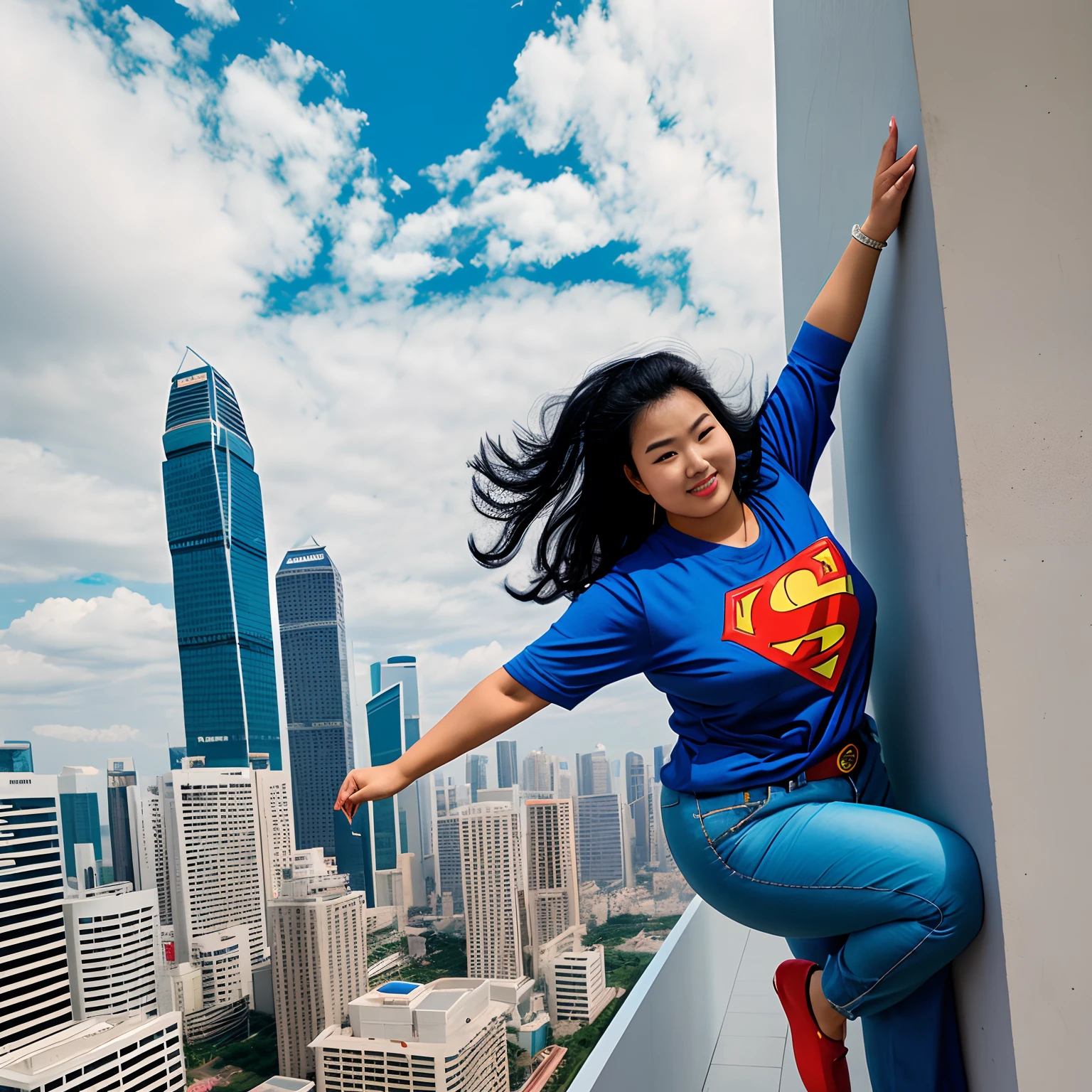 big fat asia woman, in jean trousers, superman tshirt, good hand shape